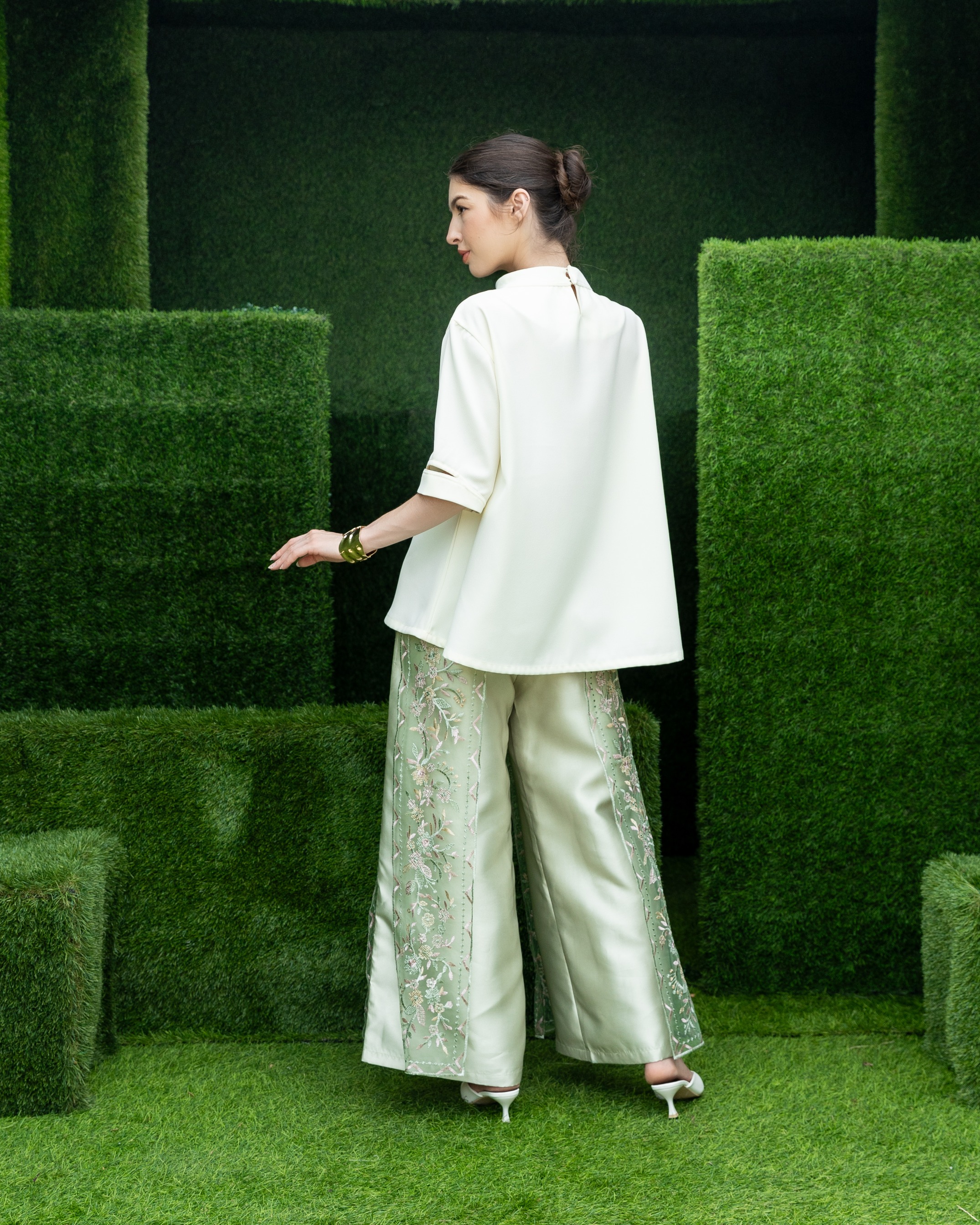 High Neck Pleated Top with Slitted Sleeves