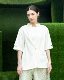 High Neck Pleated Top with Slitted Sleeves