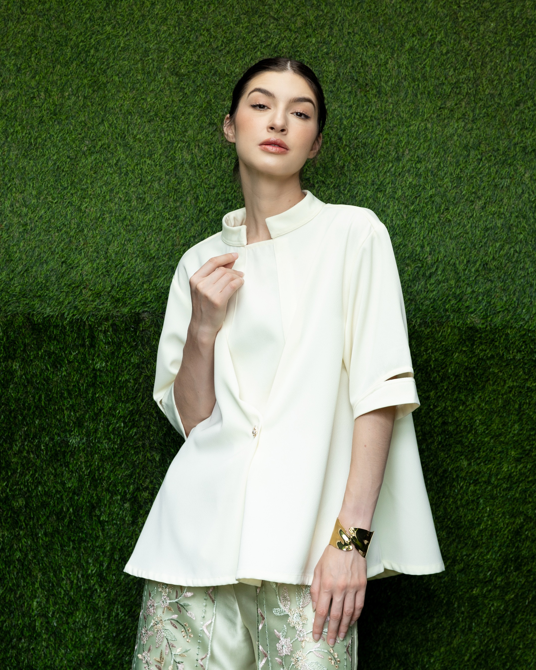 High Neck Pleated Top with Slitted Sleeves