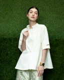 High Neck Pleated Top with Slitted Sleeves