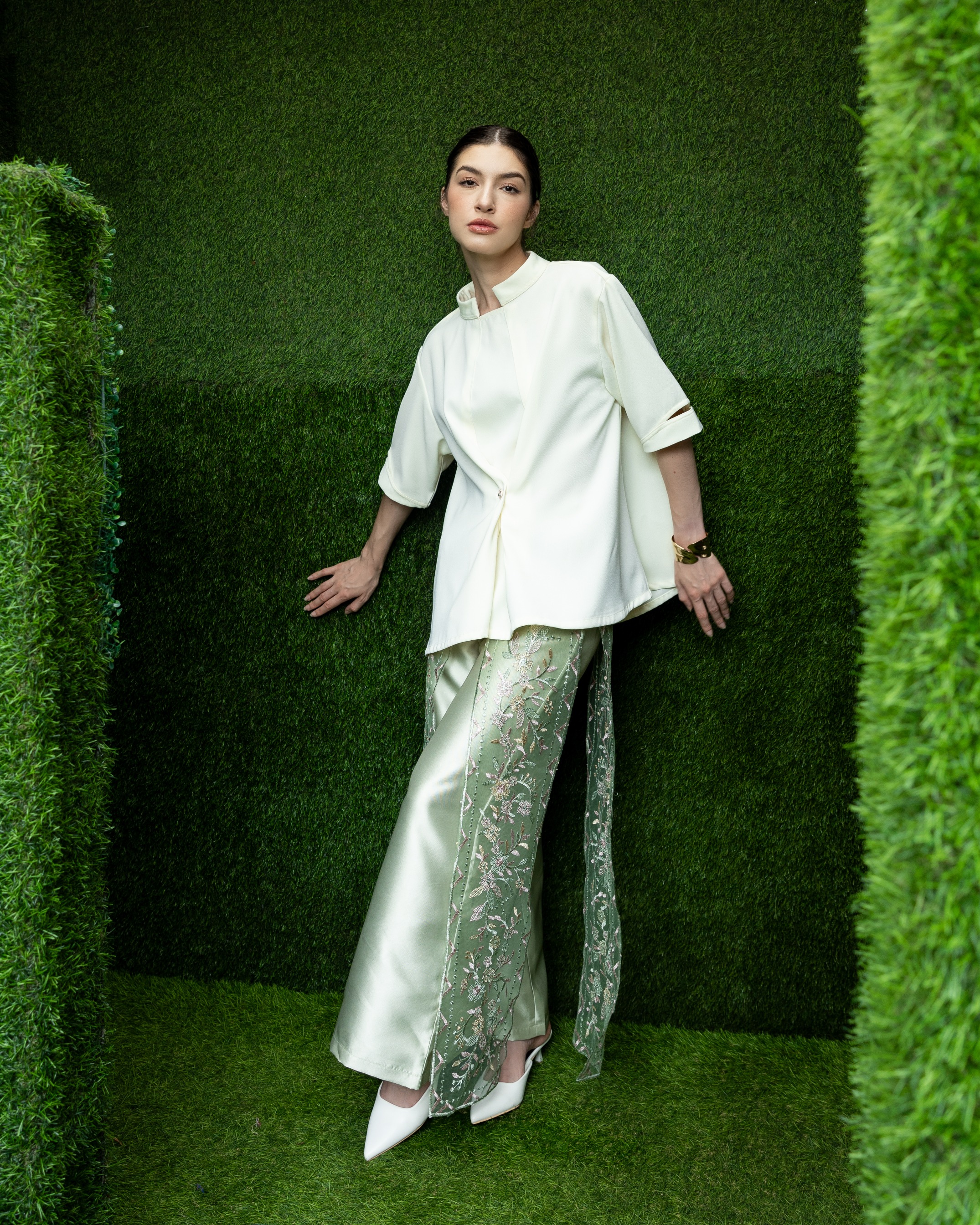 High Neck Pleated Top with Slitted Sleeves