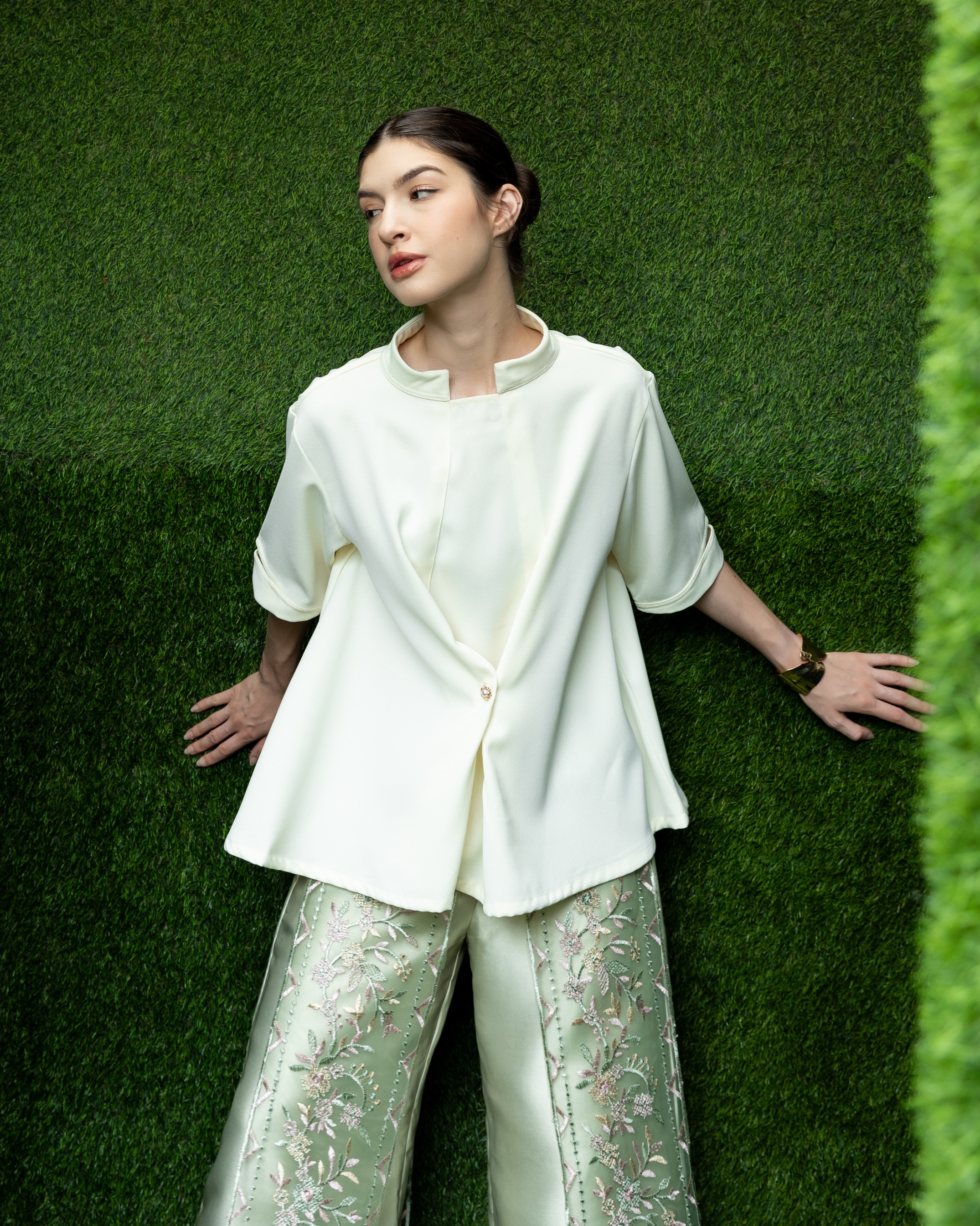 High Neck Pleated Top with Slitted Sleeves
