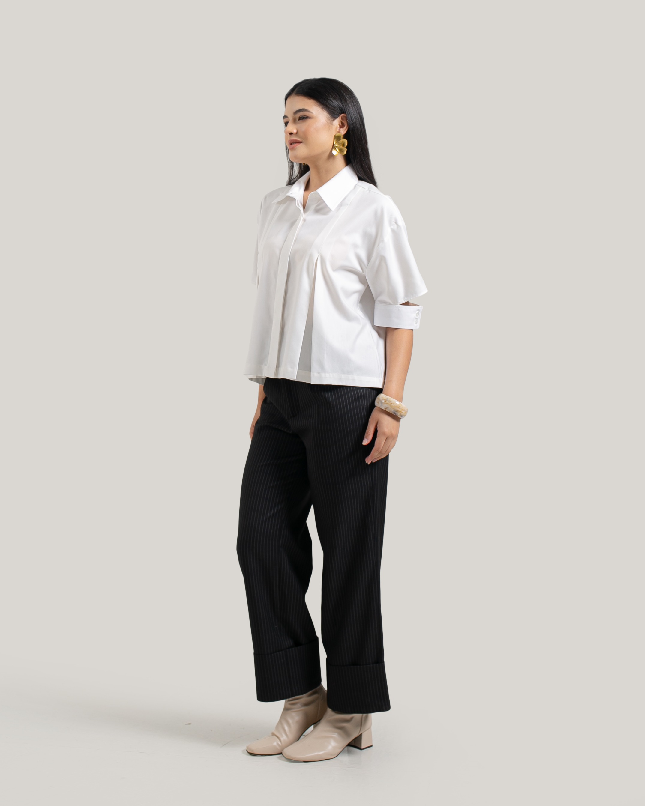 Pleated Shirt with Cut-Out Sleeves