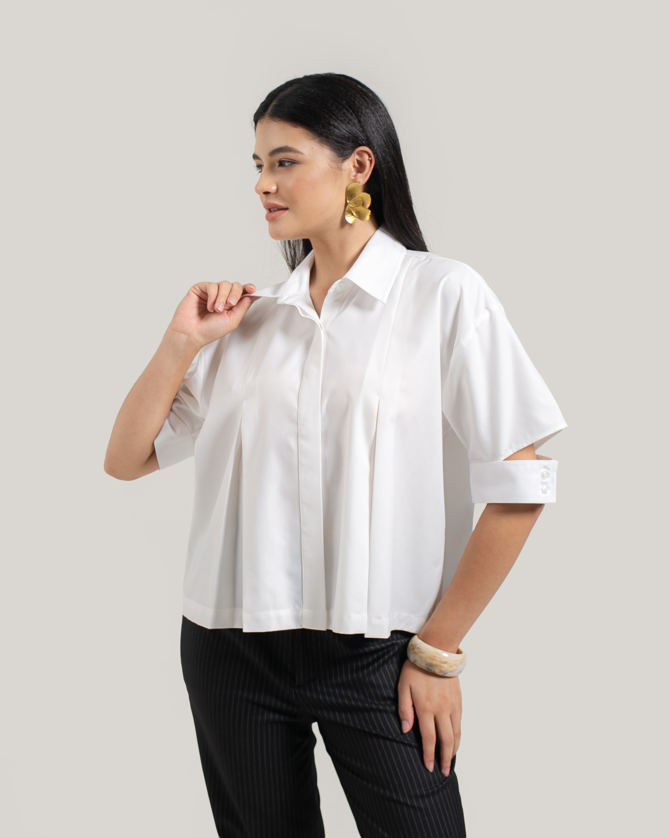 Pleated Shirt with Cut-Out Sleeves