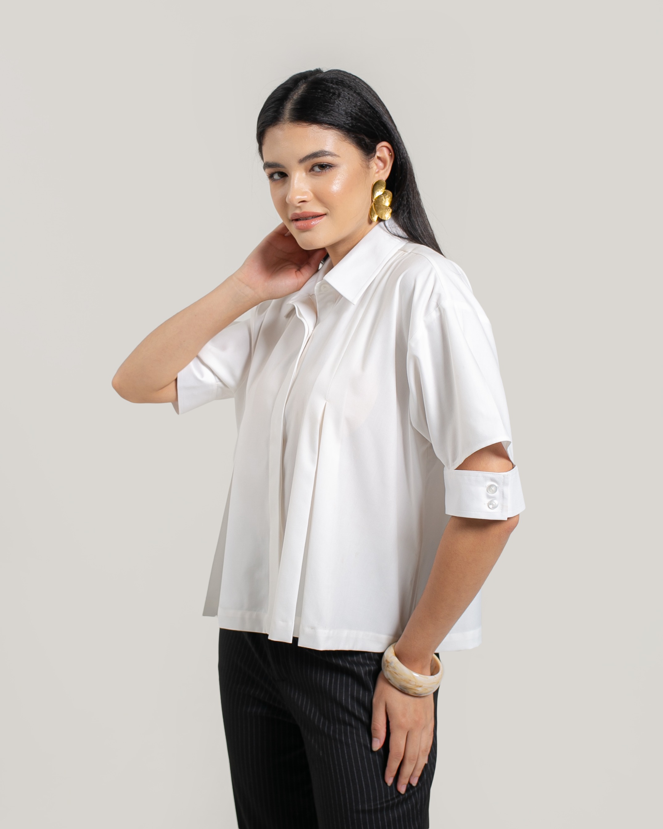 Pleated Shirt with Cut-Out Sleeves