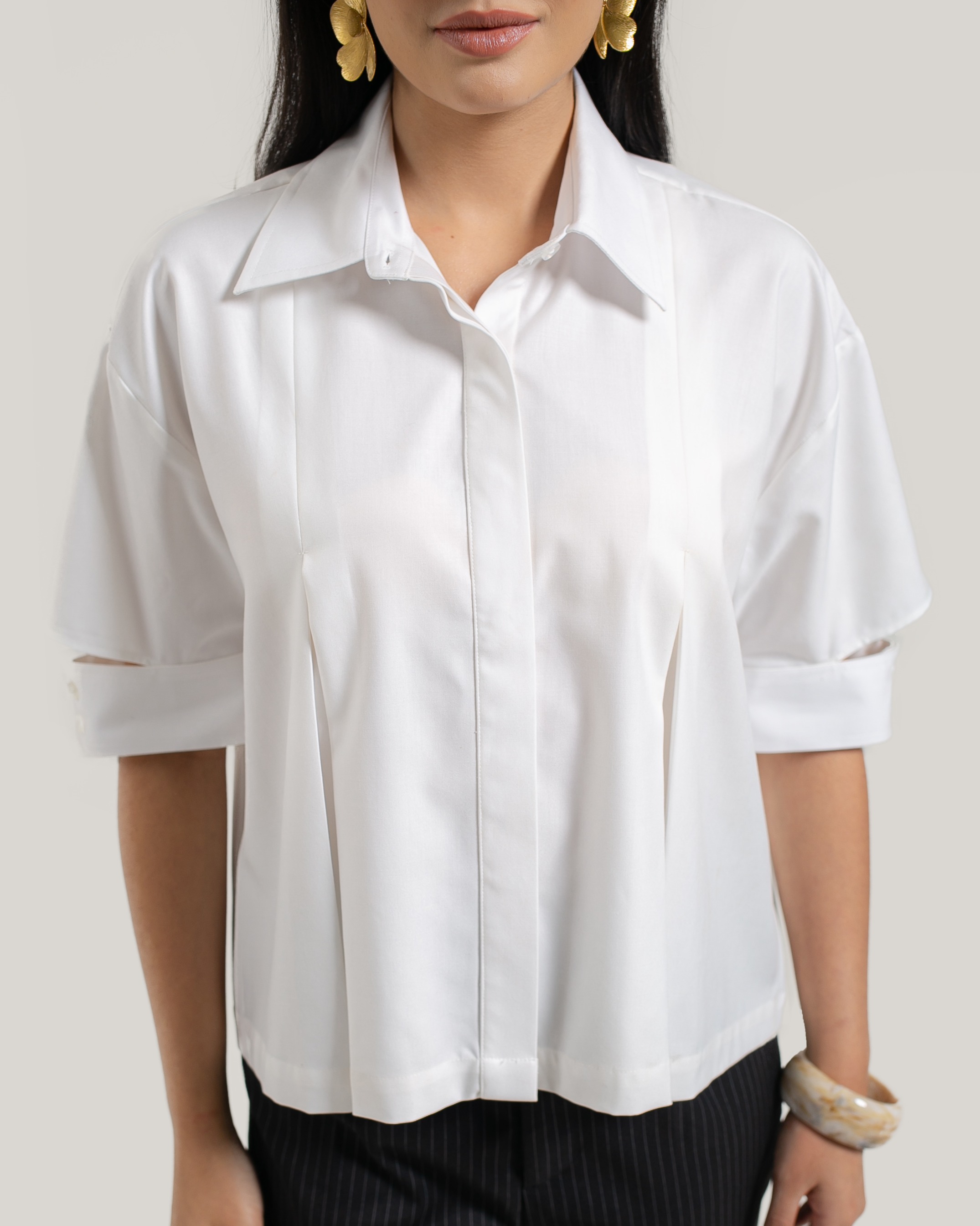 Pleated Shirt with Cut-Out Sleeves