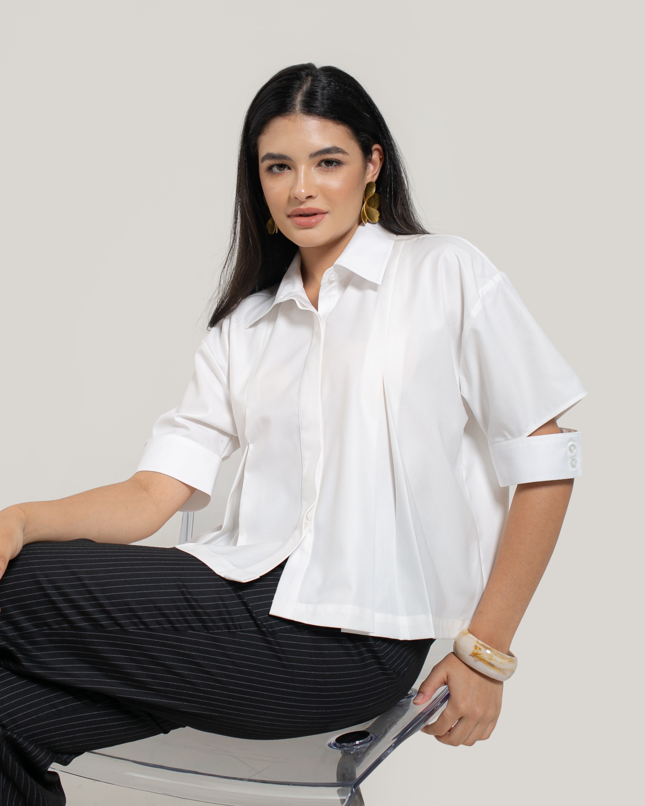 Pleated Shirt with Cut-Out Sleeves