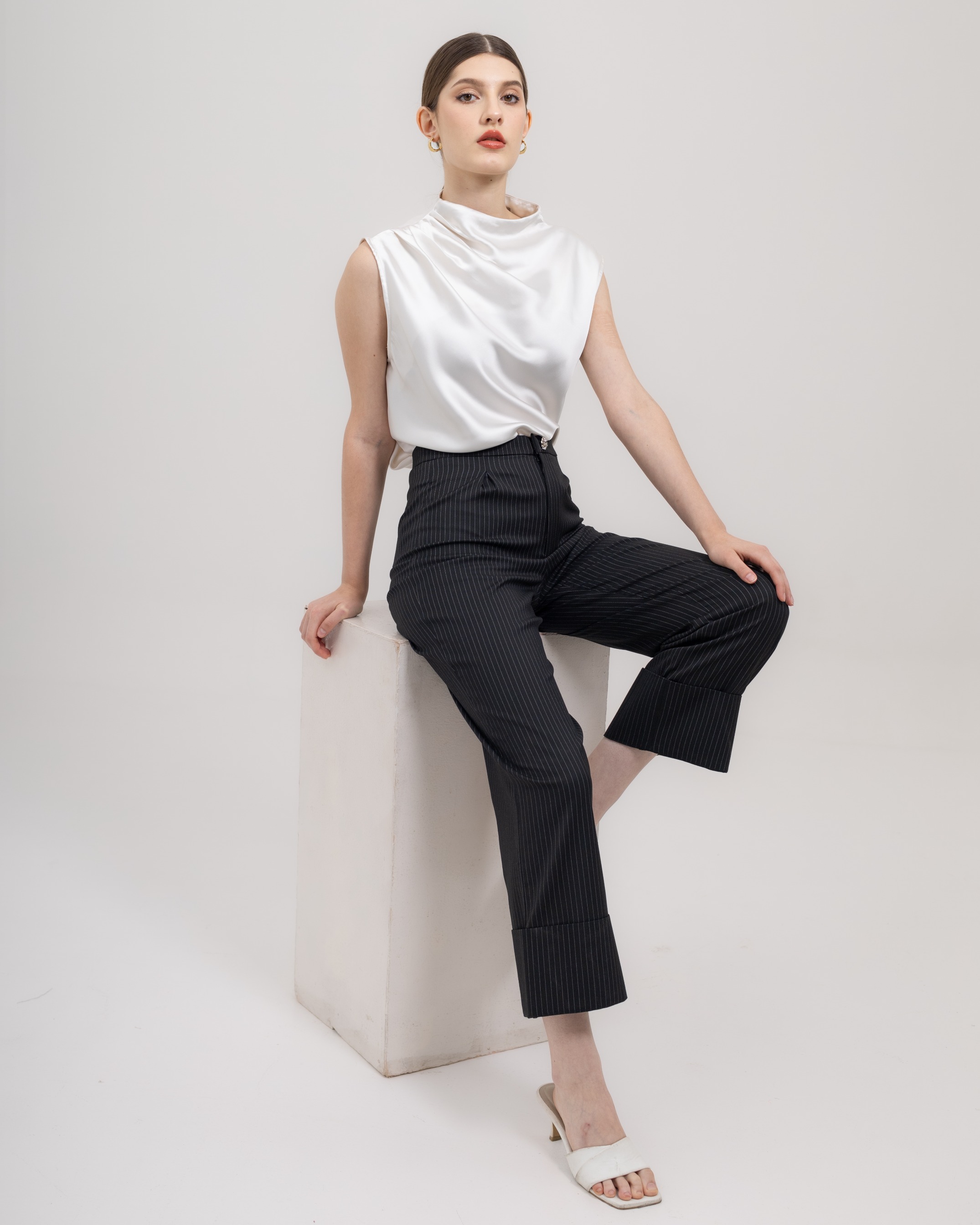 Striped Trousers with Cut-Out Waist
