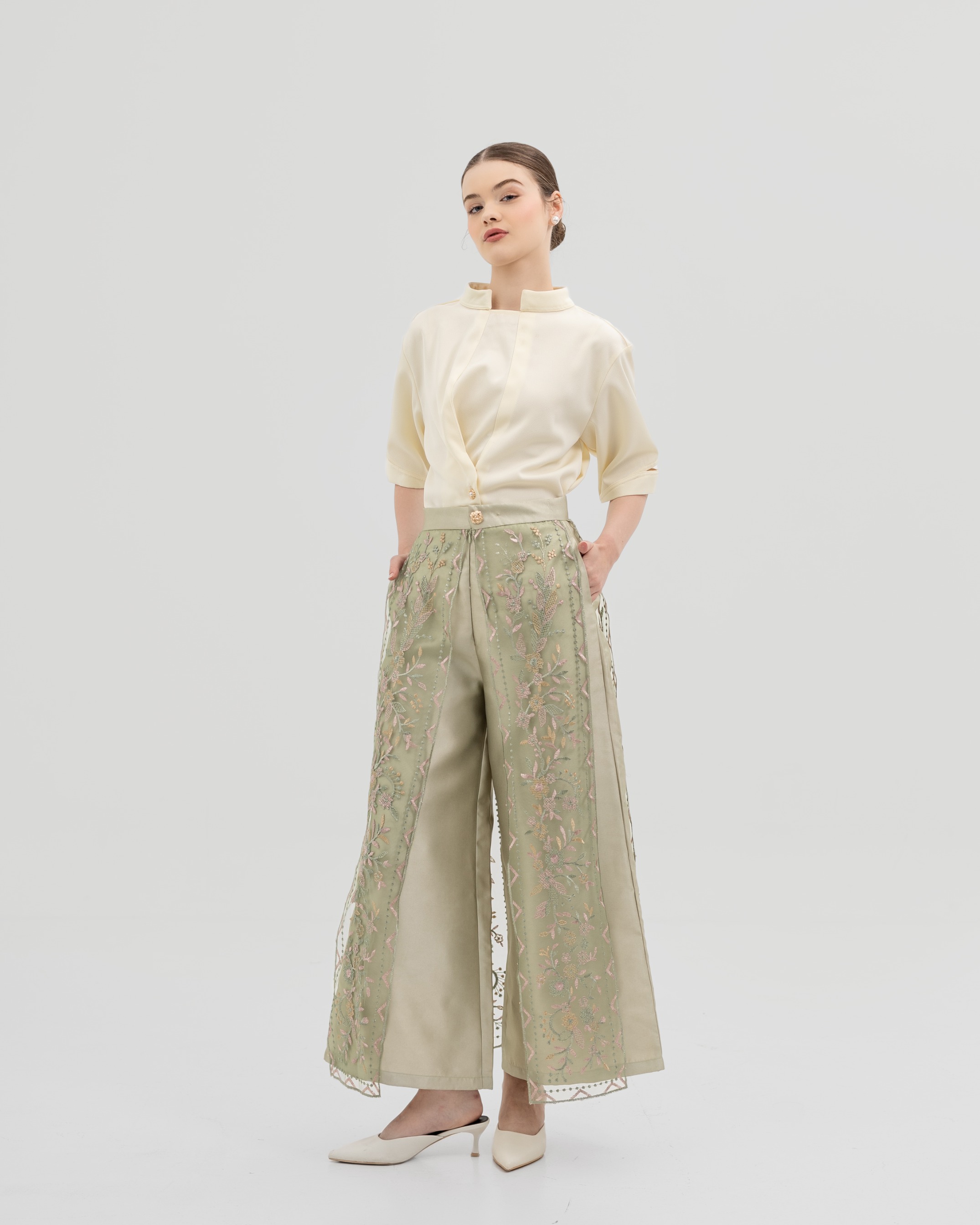 Floral Embroidered Panel Pants