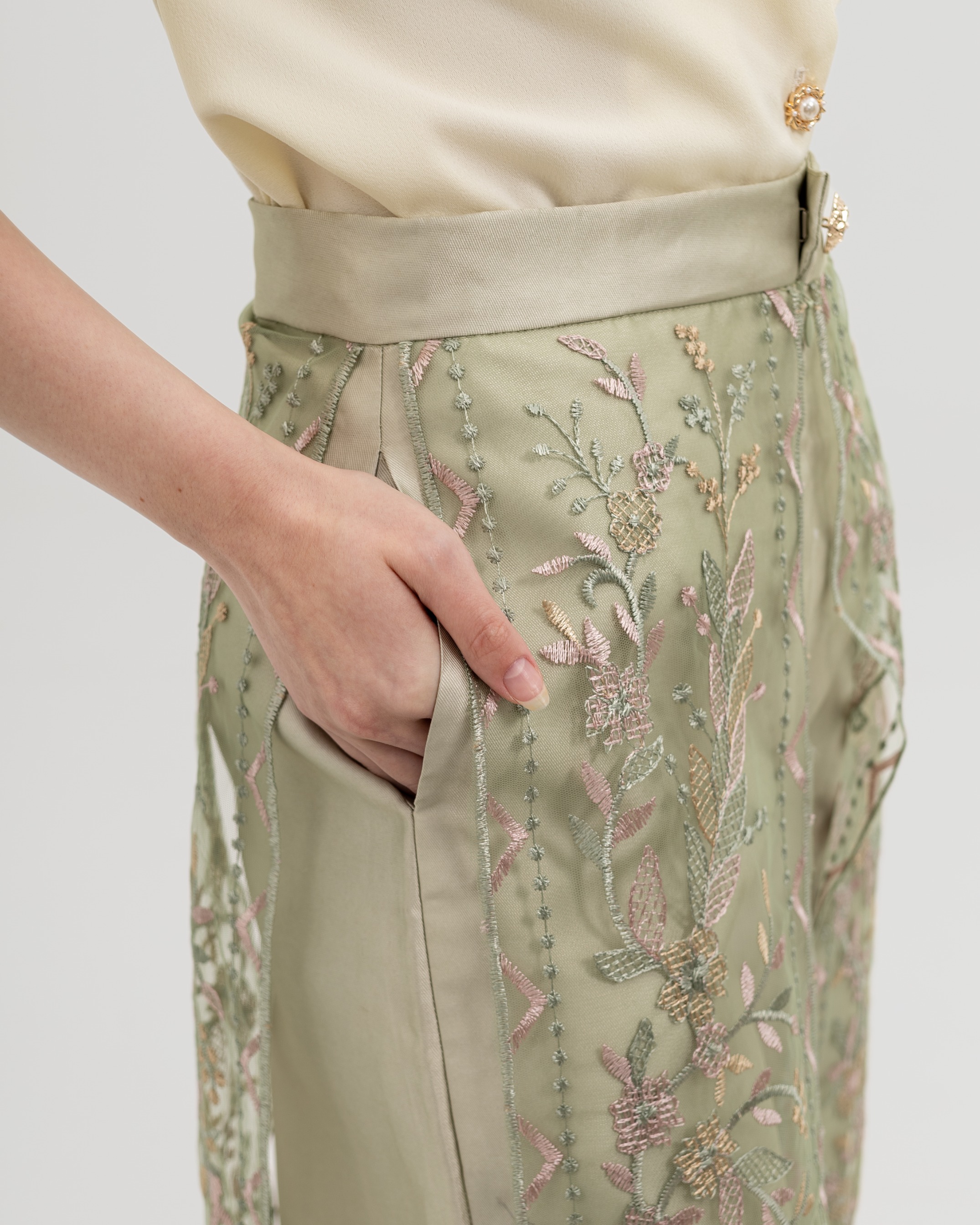 Floral Embroidered Panel Pants