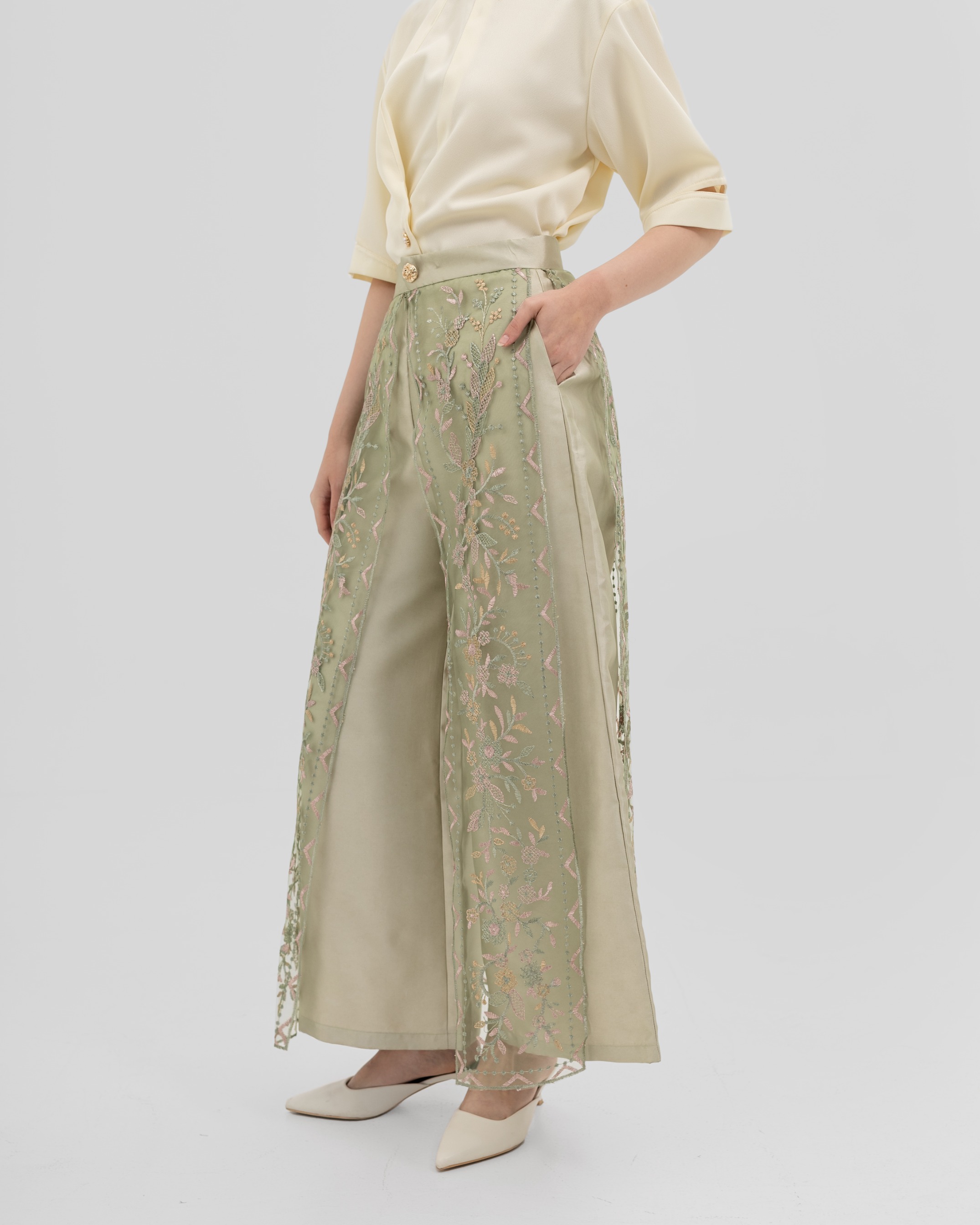 Floral Embroidered Panel Pants