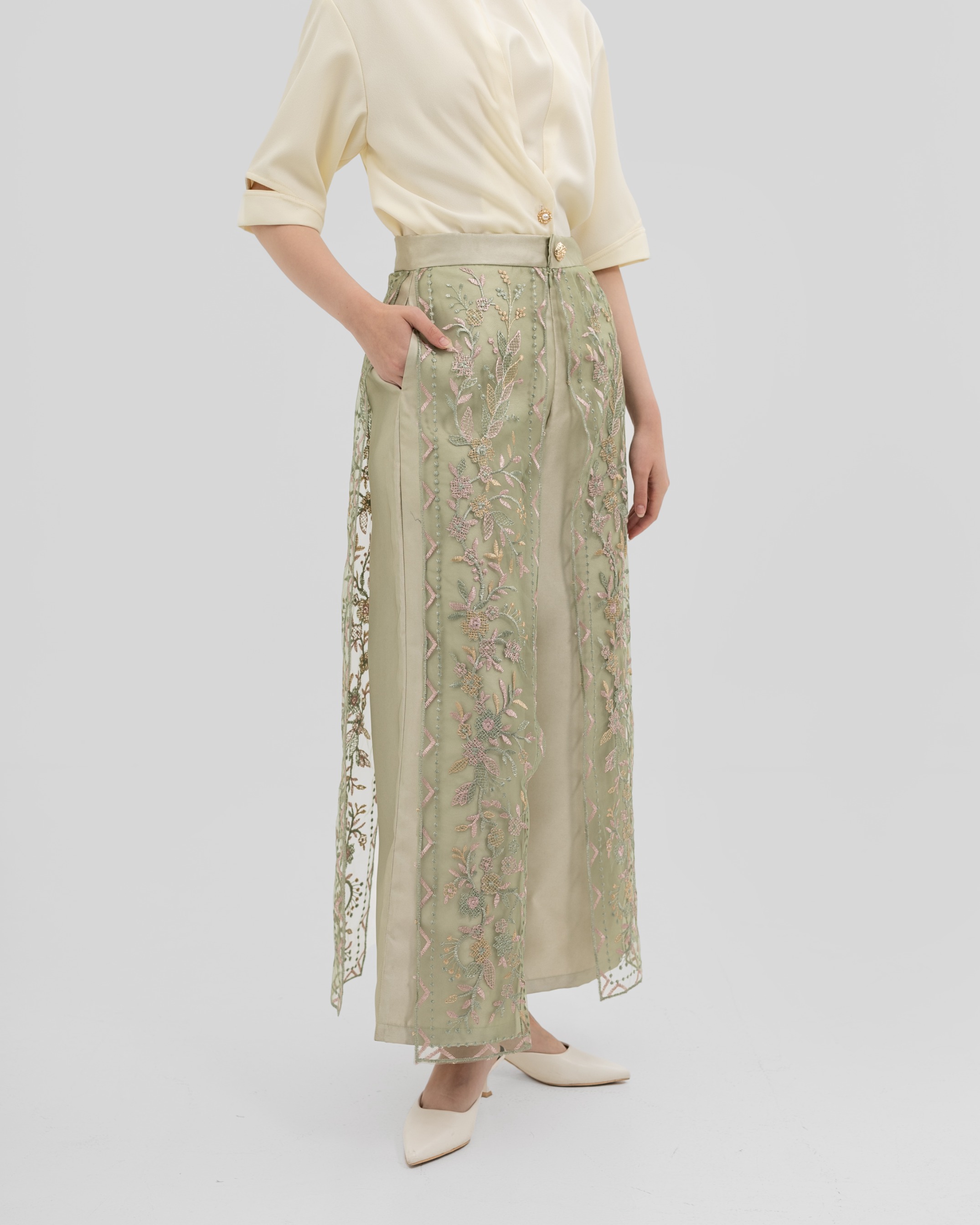 Floral Embroidered Panel Pants