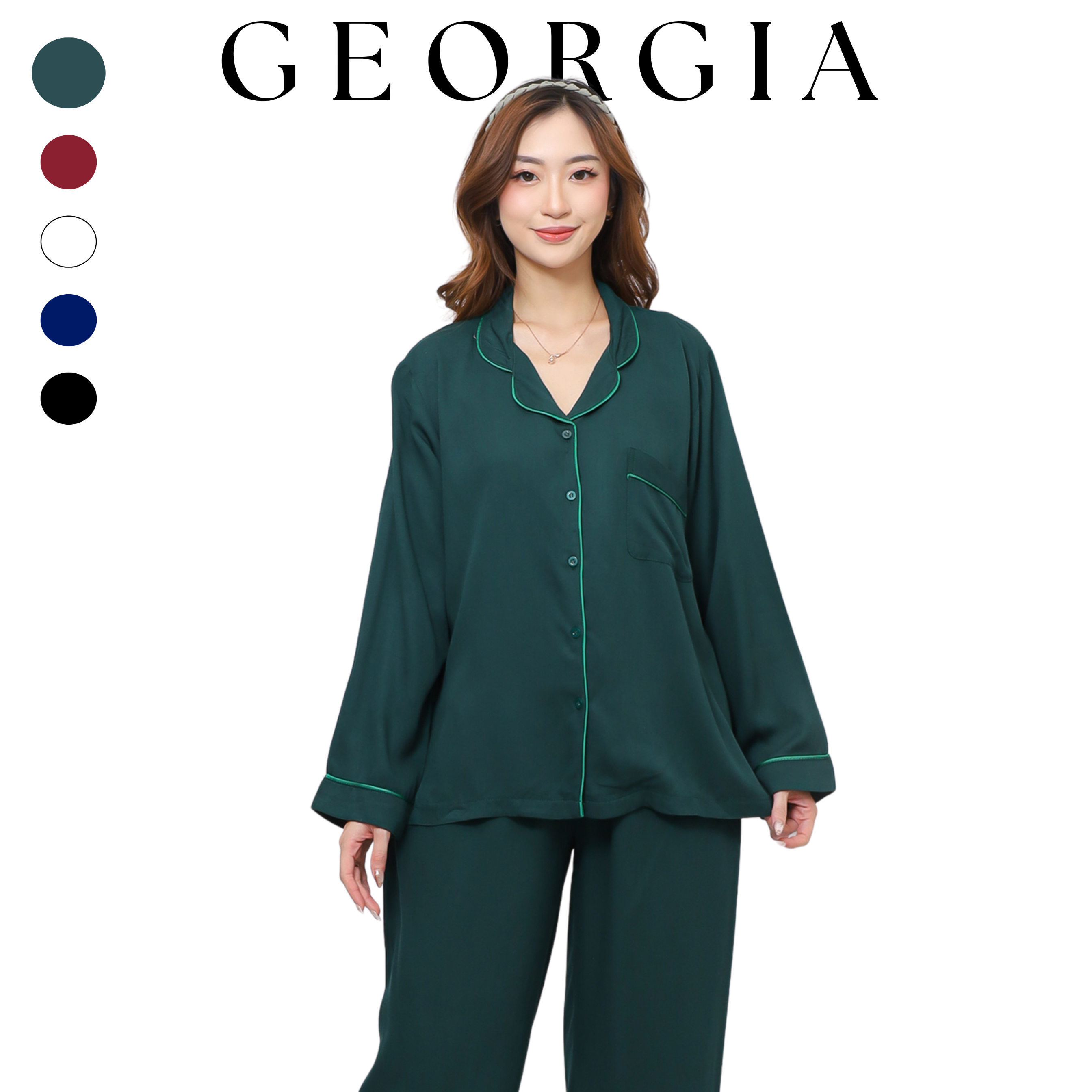 Georgia Piyama - Piyama Rayon Twill Kanai Baju Tidur Wanita Dewasa Lengan Panjang Celana Panjang Lembut Kancing Aktif Nyaman 