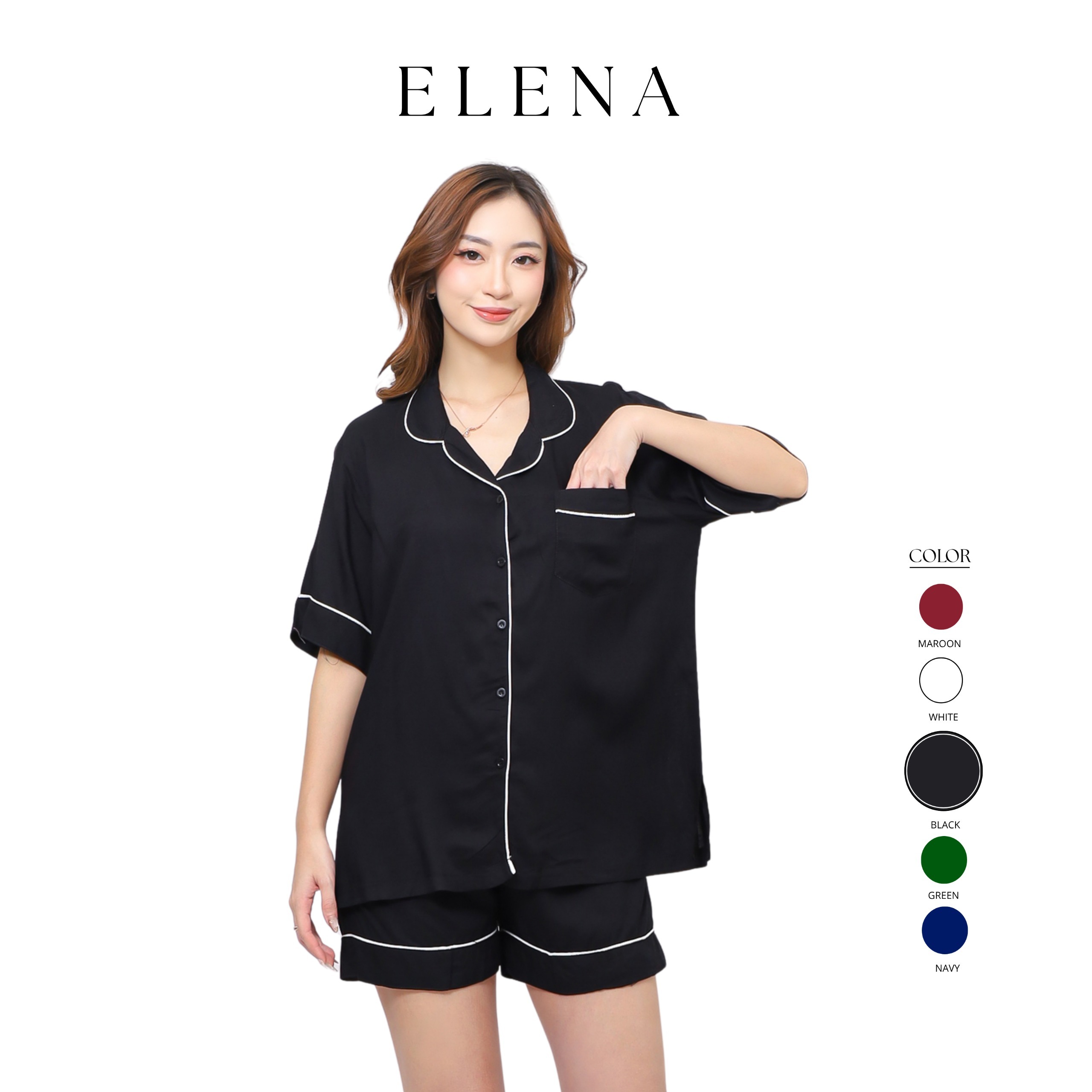 Elena Piyama - One Set Baju Tidur Celana Pendek Rayon Twill | Setelan Wanita Atasan Panjang Atasan Panjang Tidur Remaja Dewasa Nyaman Lembut