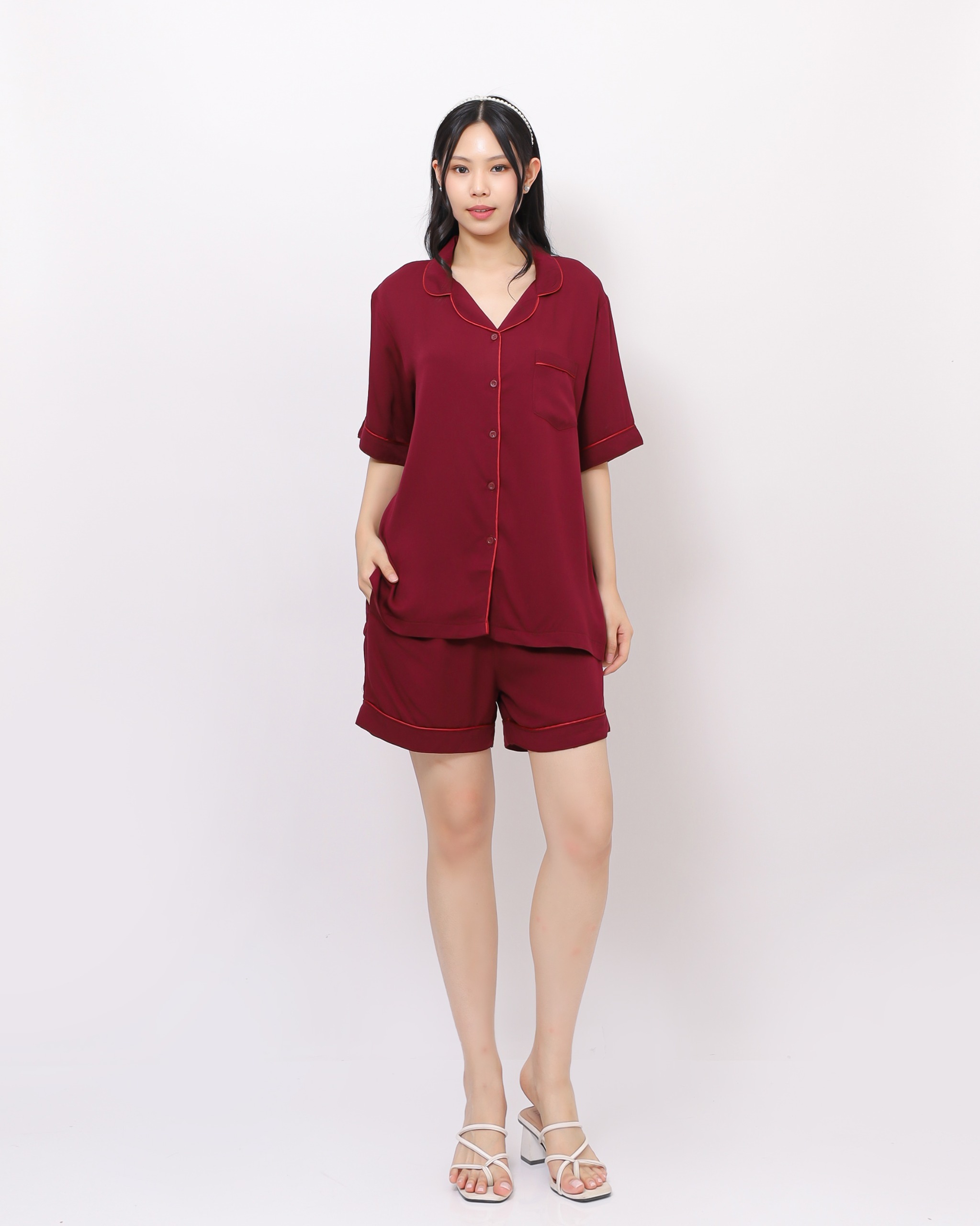 Elena Piyama - One Set Baju Tidur Celana Pendek Rayon Twill | Setelan Wanita Atasan Panjang Atasan Panjang Tidur Remaja Dewasa Nyaman Lembut