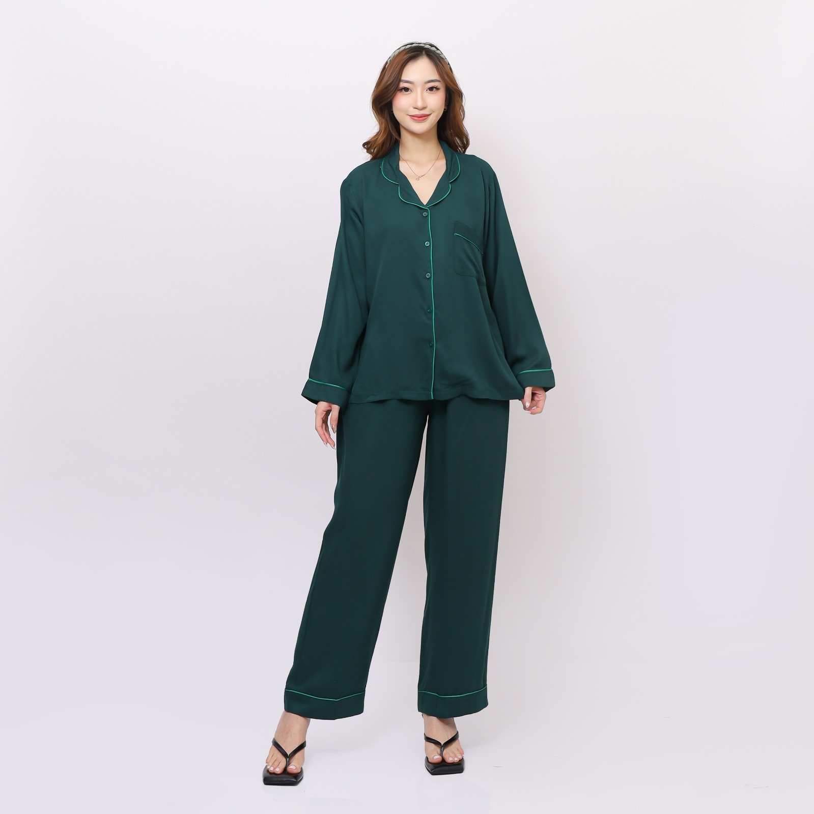 Georgia Piyama - Piyama Rayon Twill Kanai Baju Tidur Wanita Dewasa Lengan Panjang Celana Panjang Lembut Kancing Aktif Nyaman 