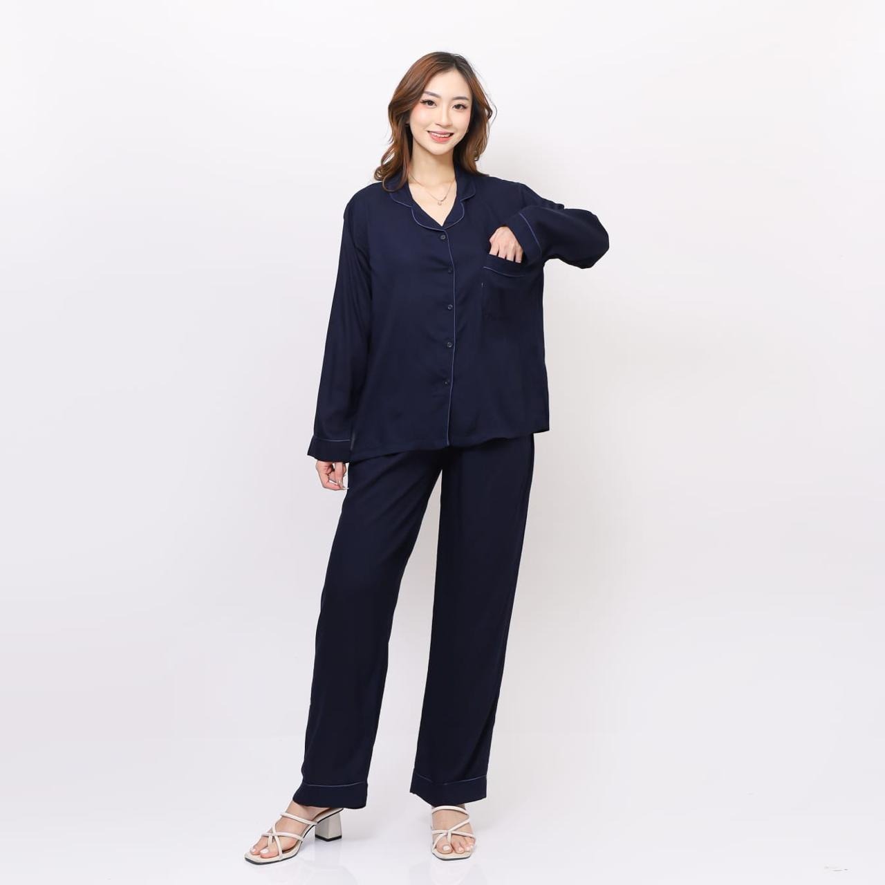 Georgia Piyama - Piyama Rayon Twill Kanai Baju Tidur Wanita Dewasa Lengan Panjang Celana Panjang Lembut Kancing Aktif Nyaman 