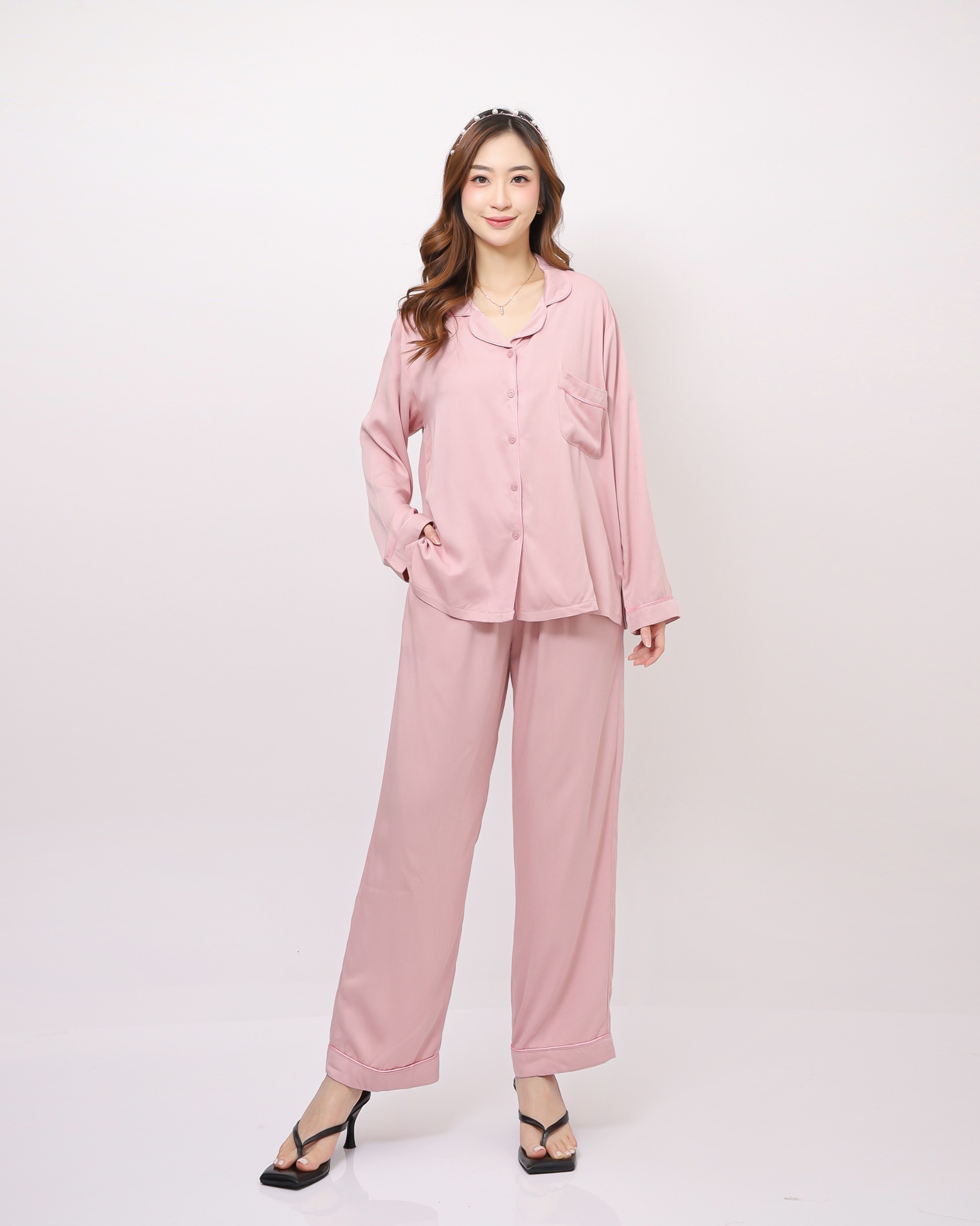 Georgia Piyama - Piyama Rayon Twill Kanai Baju Tidur Wanita Dewasa Lengan Panjang Celana Panjang Lembut Kancing Aktif Nyaman 