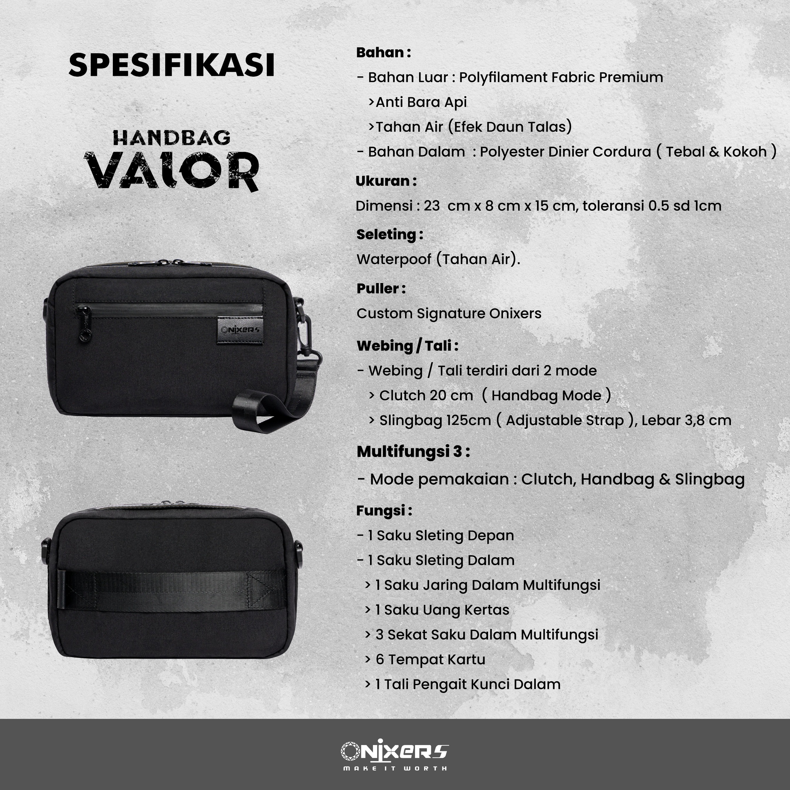 ONIXERS VALOR PLATINUM GIFT Edition | Handbag | Clutchbag | Slingbag | Anti Bara | Anti Air