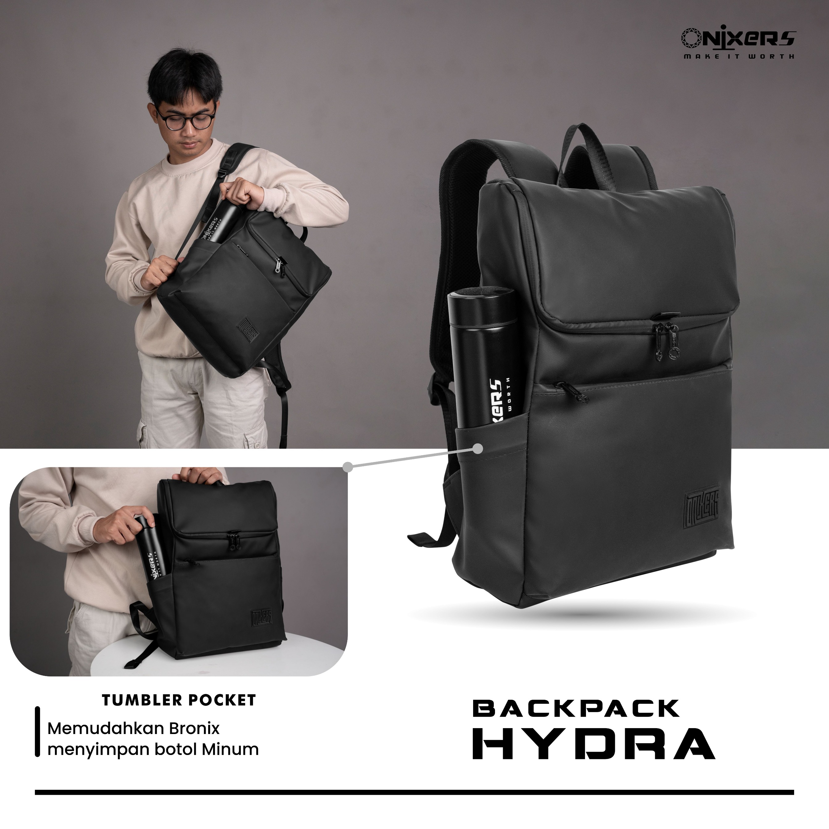 ONIXERS I Backpack HYDRA | Tas Laptop Ransel Pria | Dapper Bag Pria Wanita Anti Air Waterproof Premium | Backpack Sekolah Kantor Kerja Outdoor - ORDINARY (Tanpa Keychain)