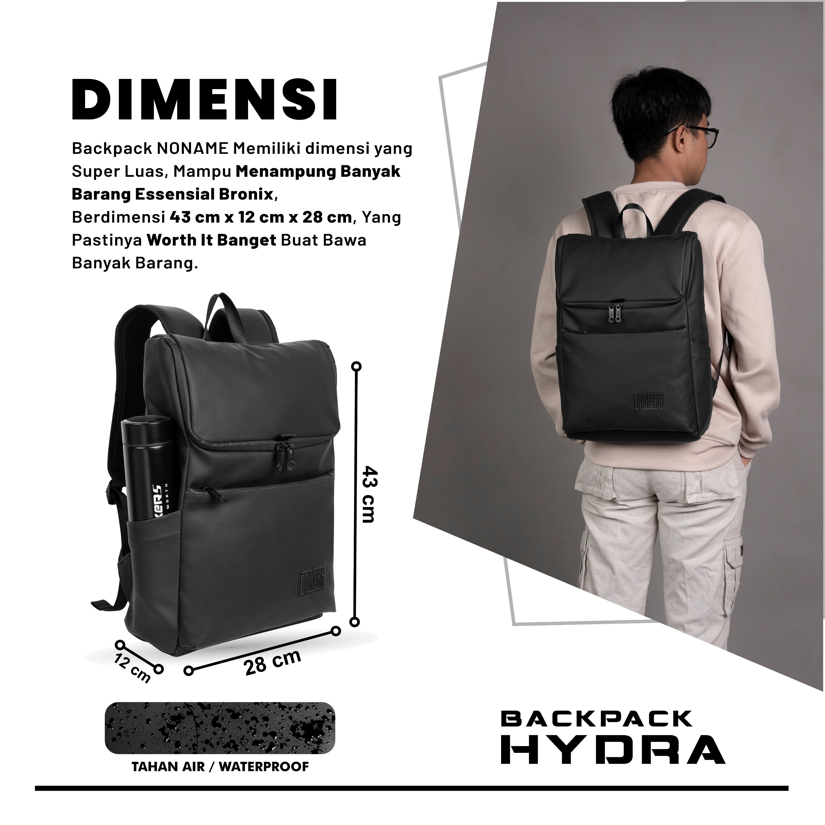 ONIXERS I Backpack HYDRA | Tas Laptop Ransel Pria | Dapper Bag Pria Wanita Anti Air Waterproof Premium | Backpack Sekolah Kantor Kerja Outdoor - ORDINARY (Tanpa Keychain)