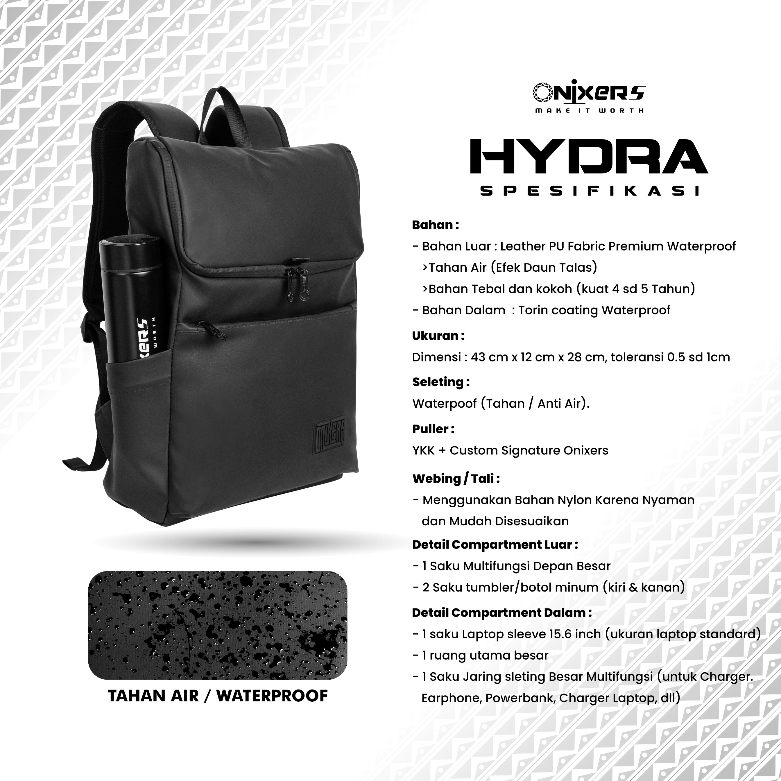 ONIXERS I Backpack HYDRA | Tas Laptop Ransel Pria | Dapper Bag Pria Wanita Anti Air Waterproof Premium | Backpack Sekolah Kantor Kerja Outdoor - ORDINARY (Tanpa Keychain)