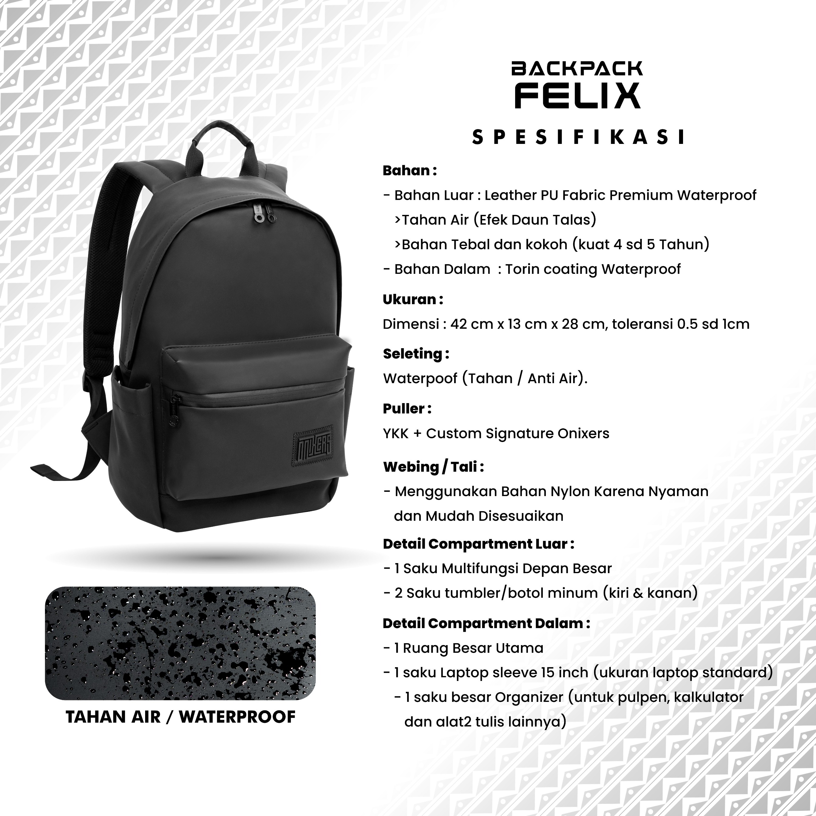 Onixers FELIX Tas ransel sekolah Tas Laptop 15 Inch Ransel Pria Wanita Anti Air Waterproof Premium Backpack Sekolah Kerja Kantor Traveling Outdoor