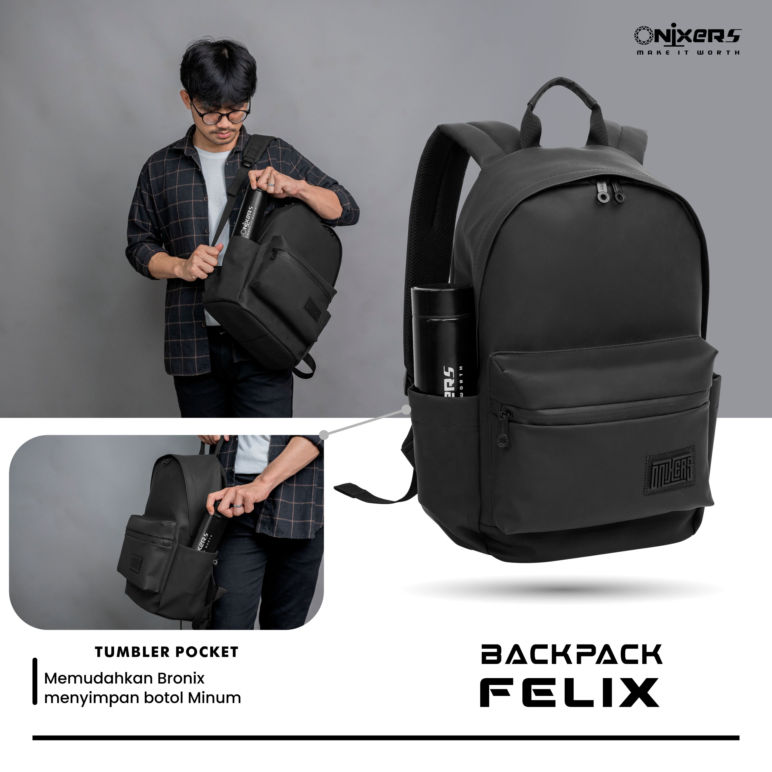 Onixers FELIX Tas ransel sekolah Tas Laptop 15 Inch Ransel Pria Wanita Anti Air Waterproof Premium Backpack Sekolah Kerja Kantor Traveling Outdoor