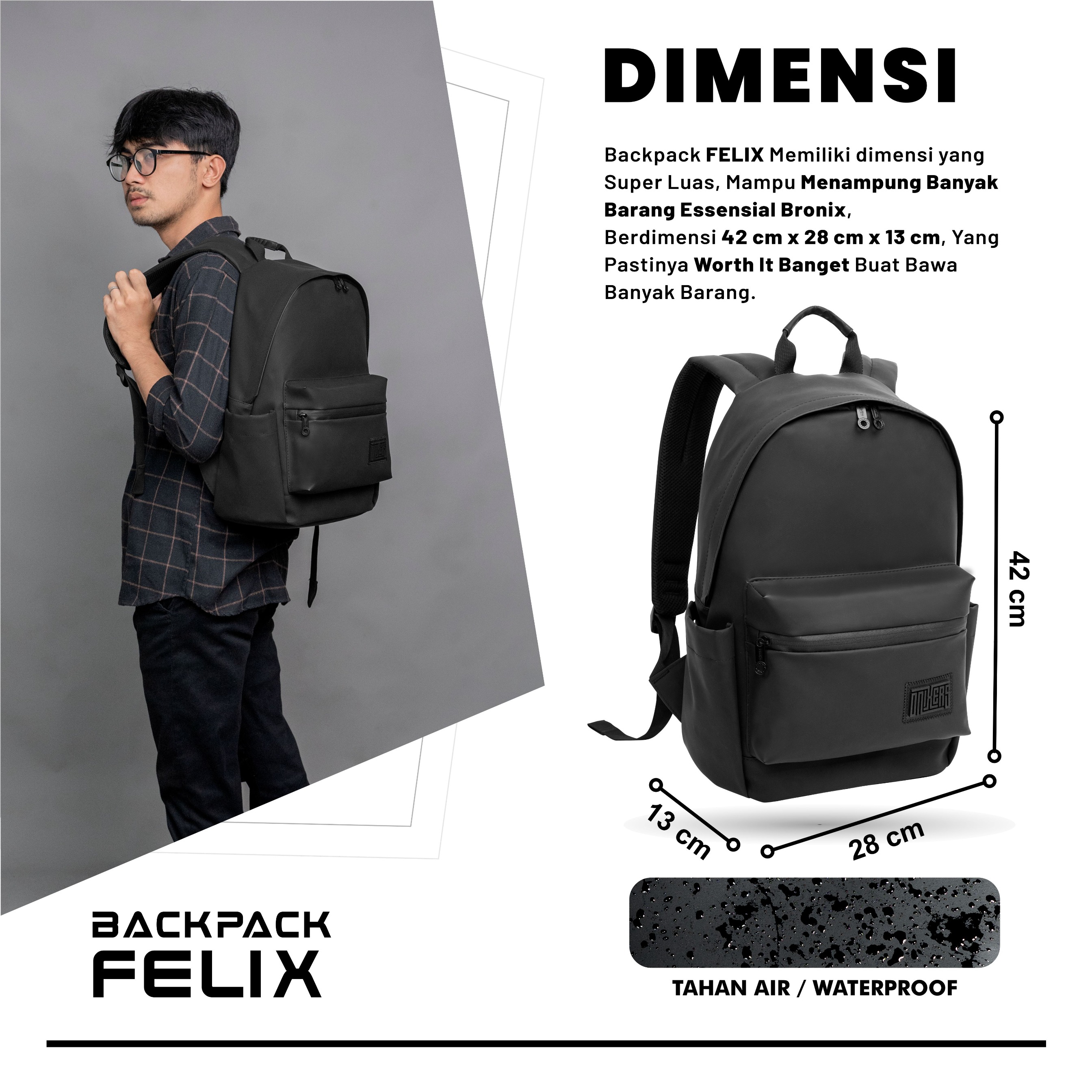 Onixers FELIX Tas ransel sekolah Tas Laptop 15 Inch Ransel Pria Wanita Anti Air Waterproof Premium Backpack Sekolah Kerja Kantor Traveling Outdoor