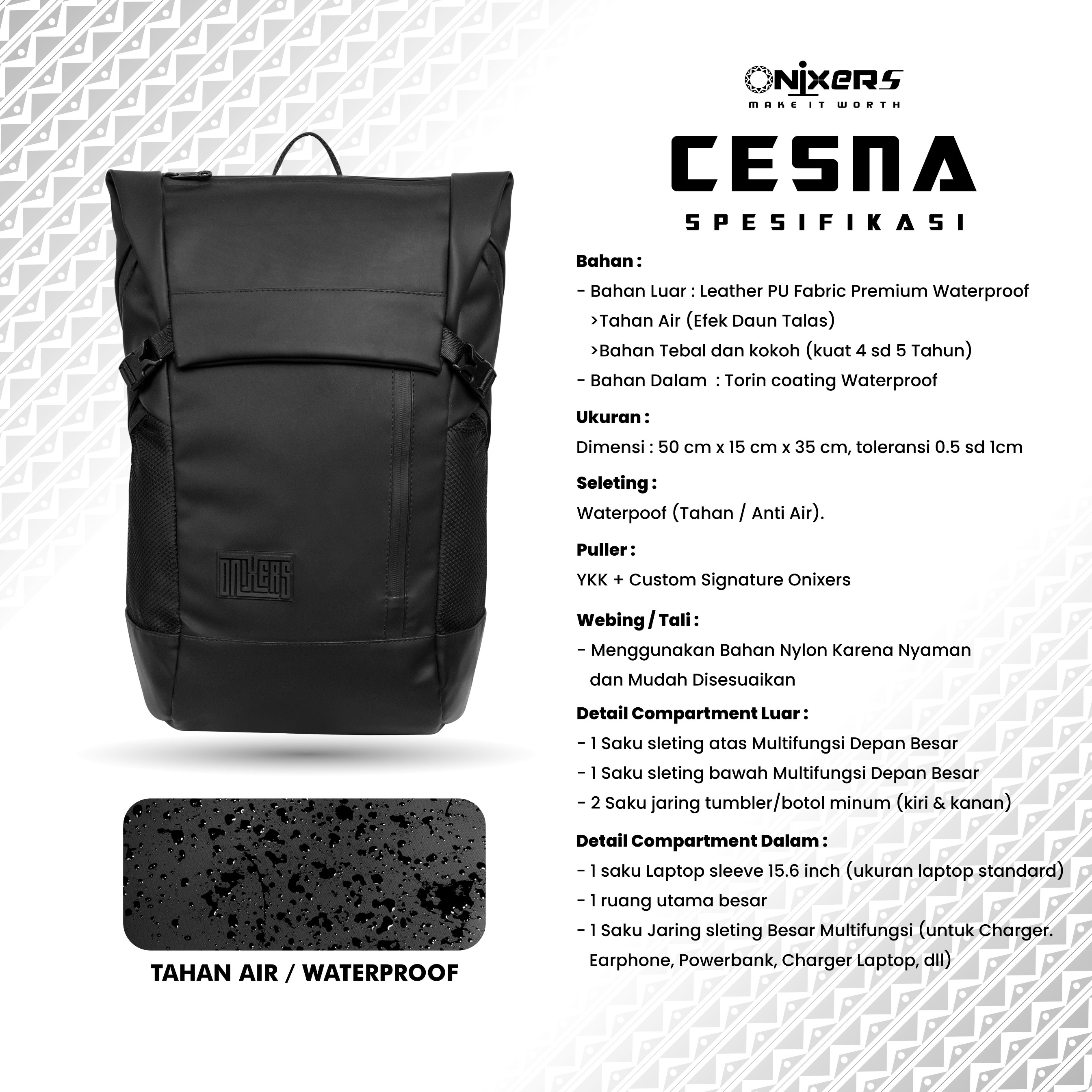 ONIXERS Backpack CESNA - Tas Laptop Ransel Pria | Sekolah Kantor Kerja Waterproof