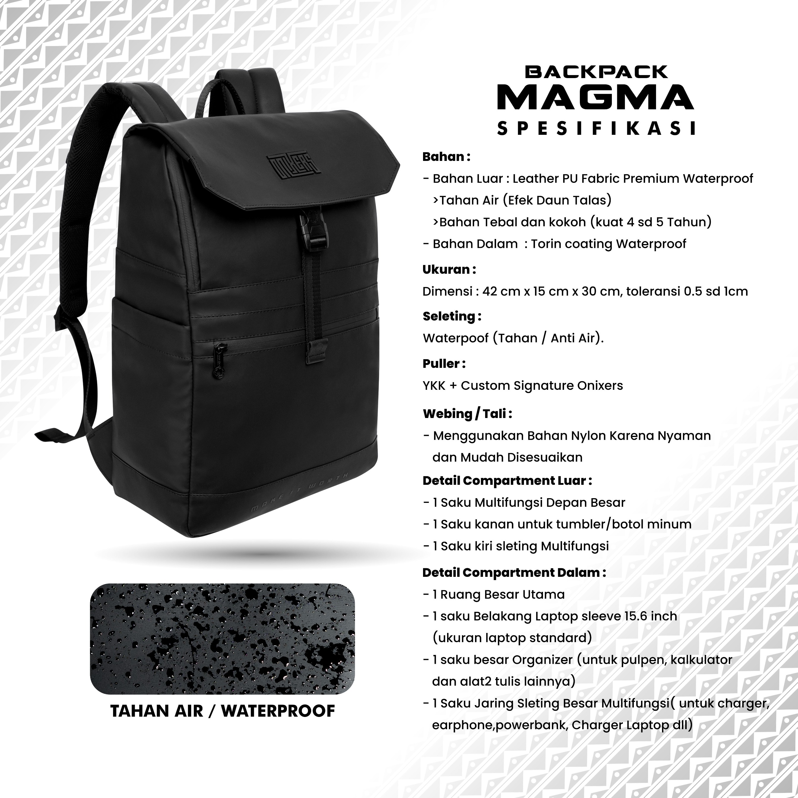 ONIXERS I Backpack MAGMA| Tas Laptop Ransel Pria | Dapper Bag Pria Wanita Anti Air Waterproof Premium