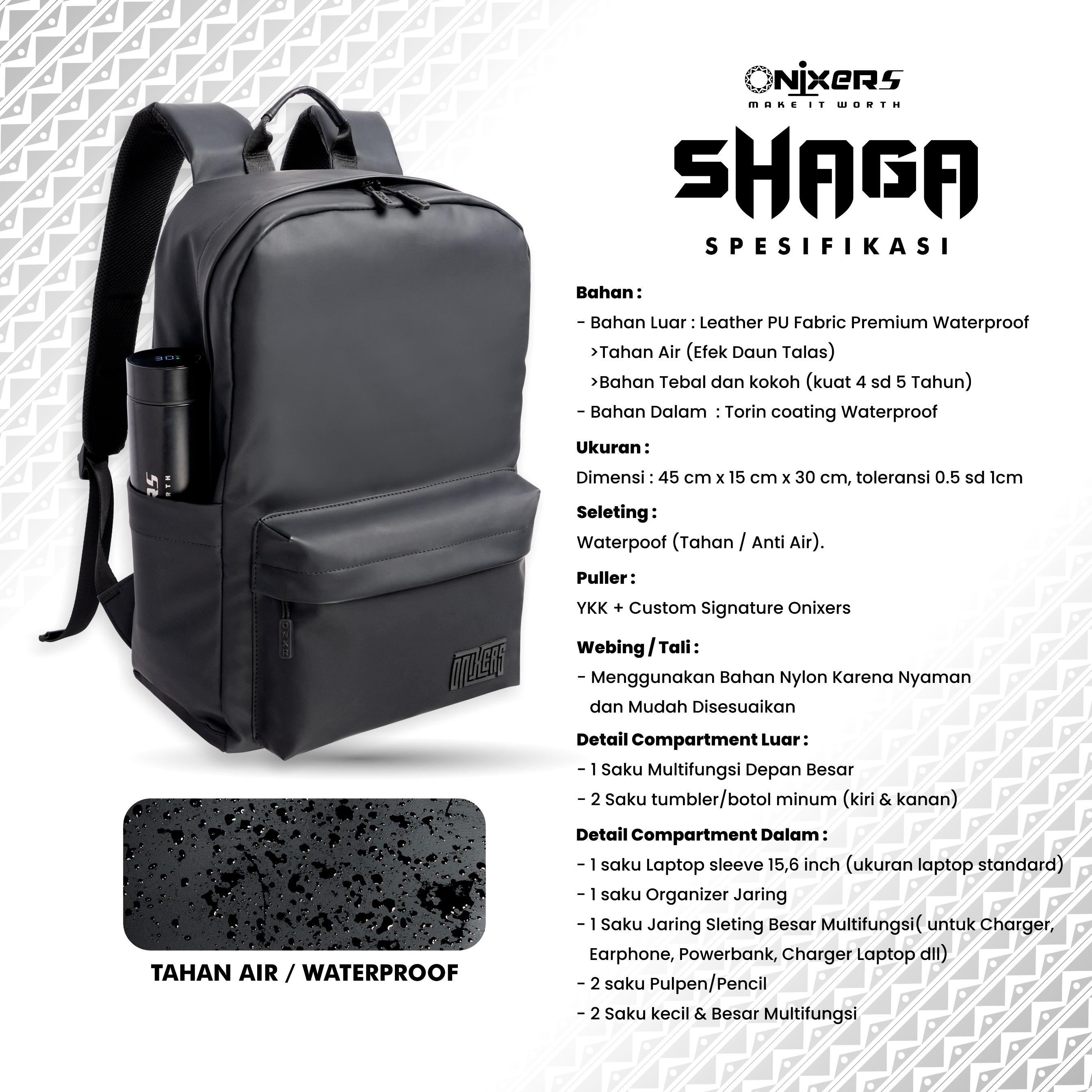 ONIXERS I Backpack SHAGA I Tas Laptop Ransel Pria I Dapper Bag Pria Wanita Anti Air Waterproof Premium