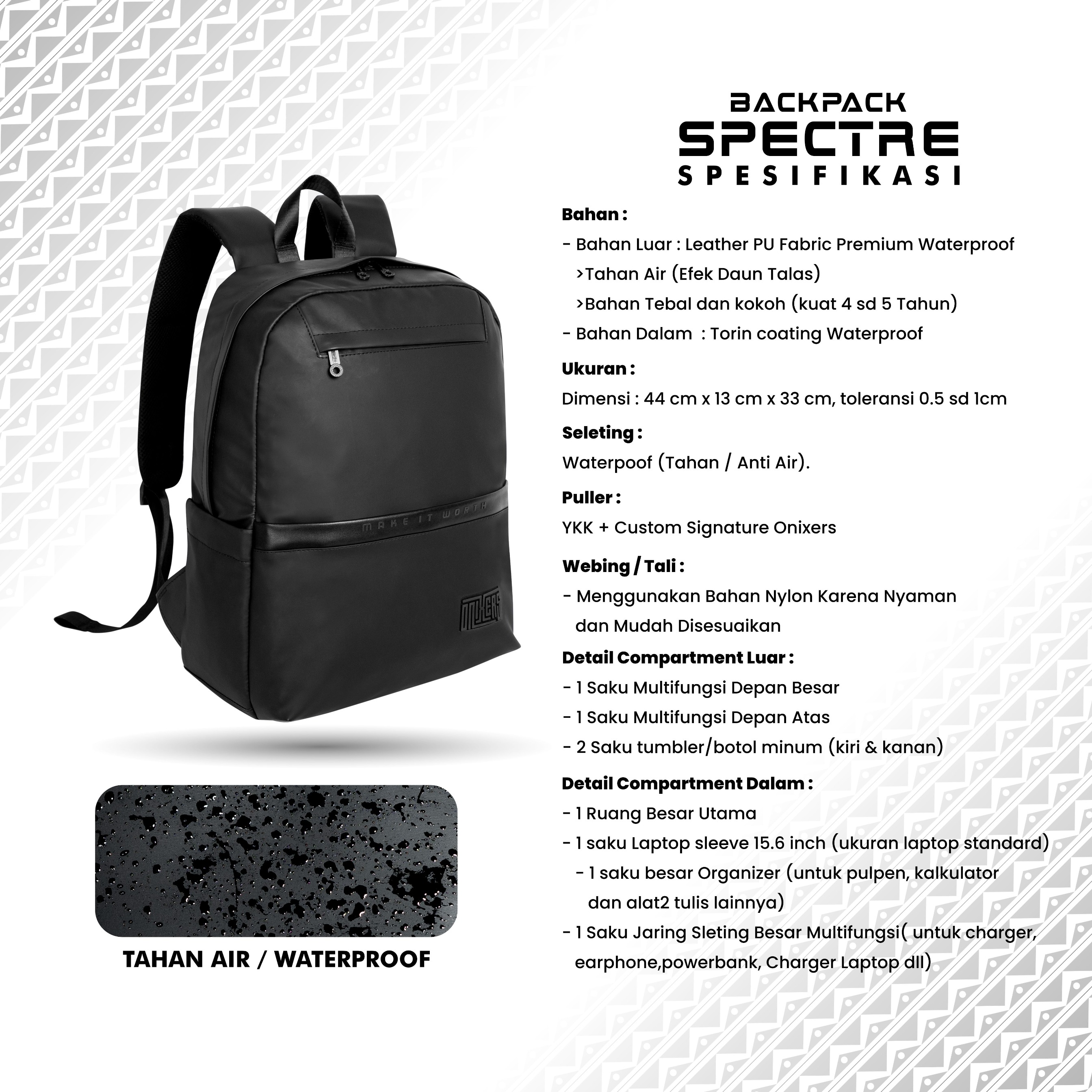 ONIXERS I Backpack SPECTRE | Tas Laptop Ransel Pria | Dapper Bag Pria Wanita Anti Air Waterproof Premium