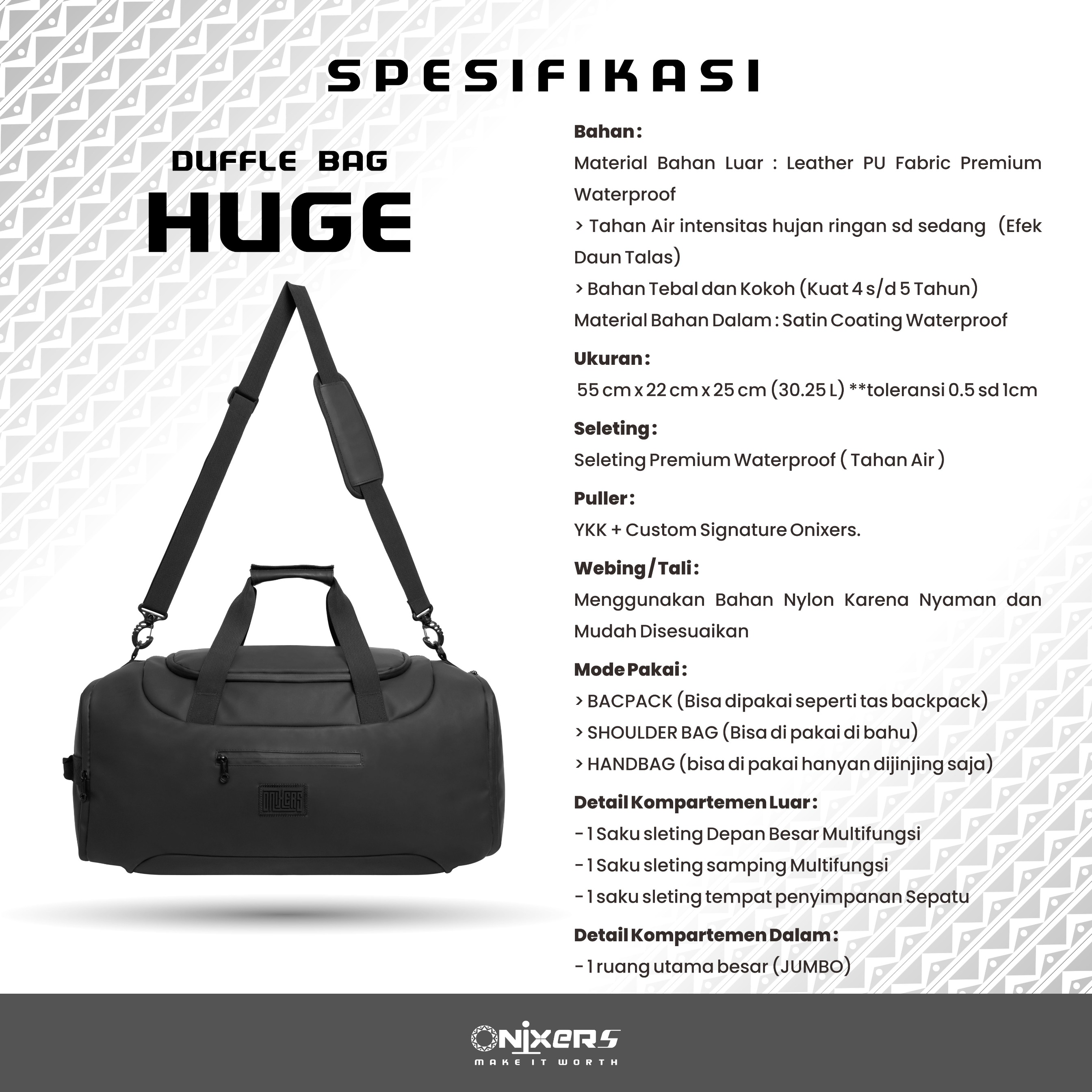 Onixers HUGE Duffle Bag Tas Backpack Shoulderbag Mudik Pria Waterproof