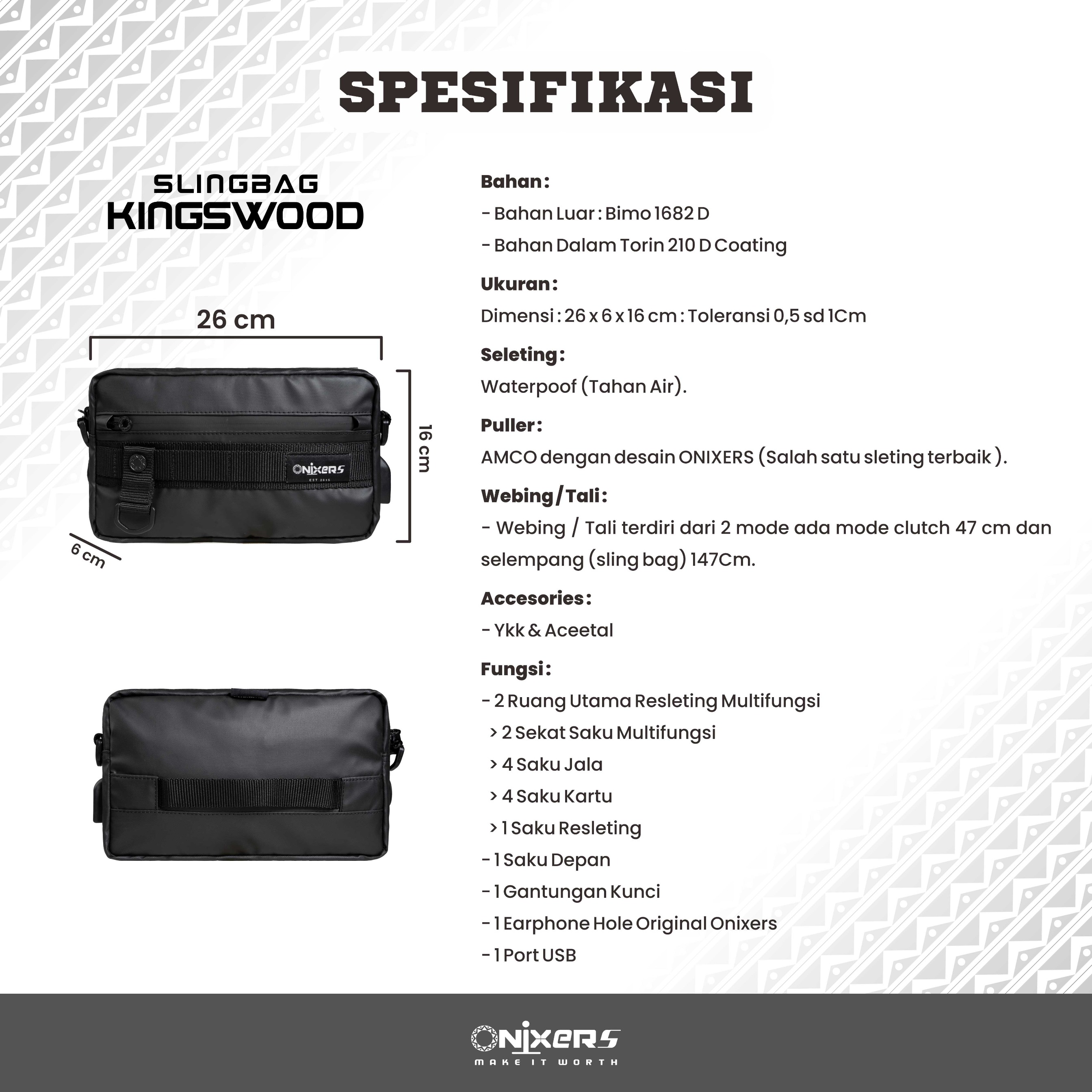 Onixers KINGSWOOD Handbag Tas Tangan Pria Waterproof