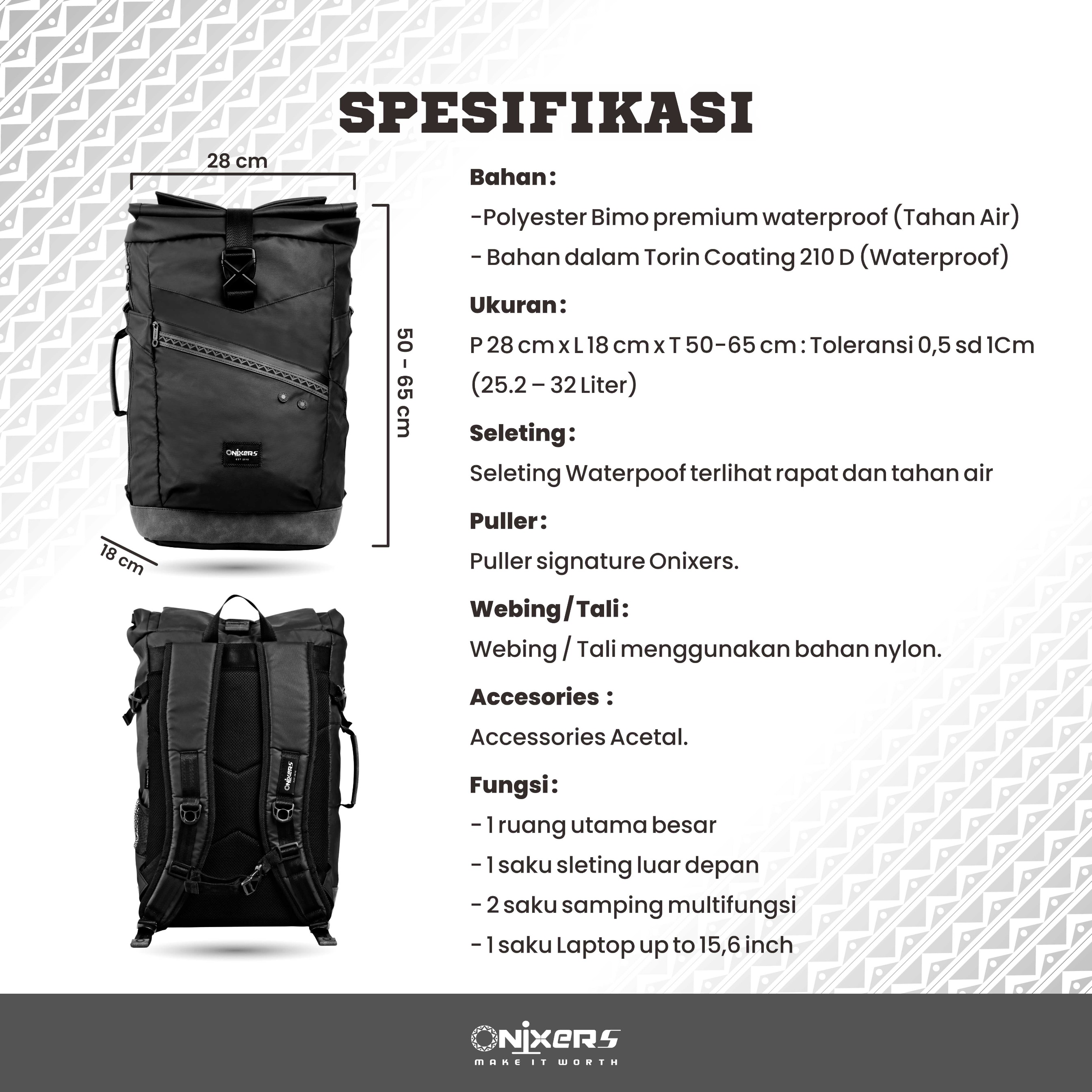 Onixers SKYLINE Tas Backpack Pria Waterproof