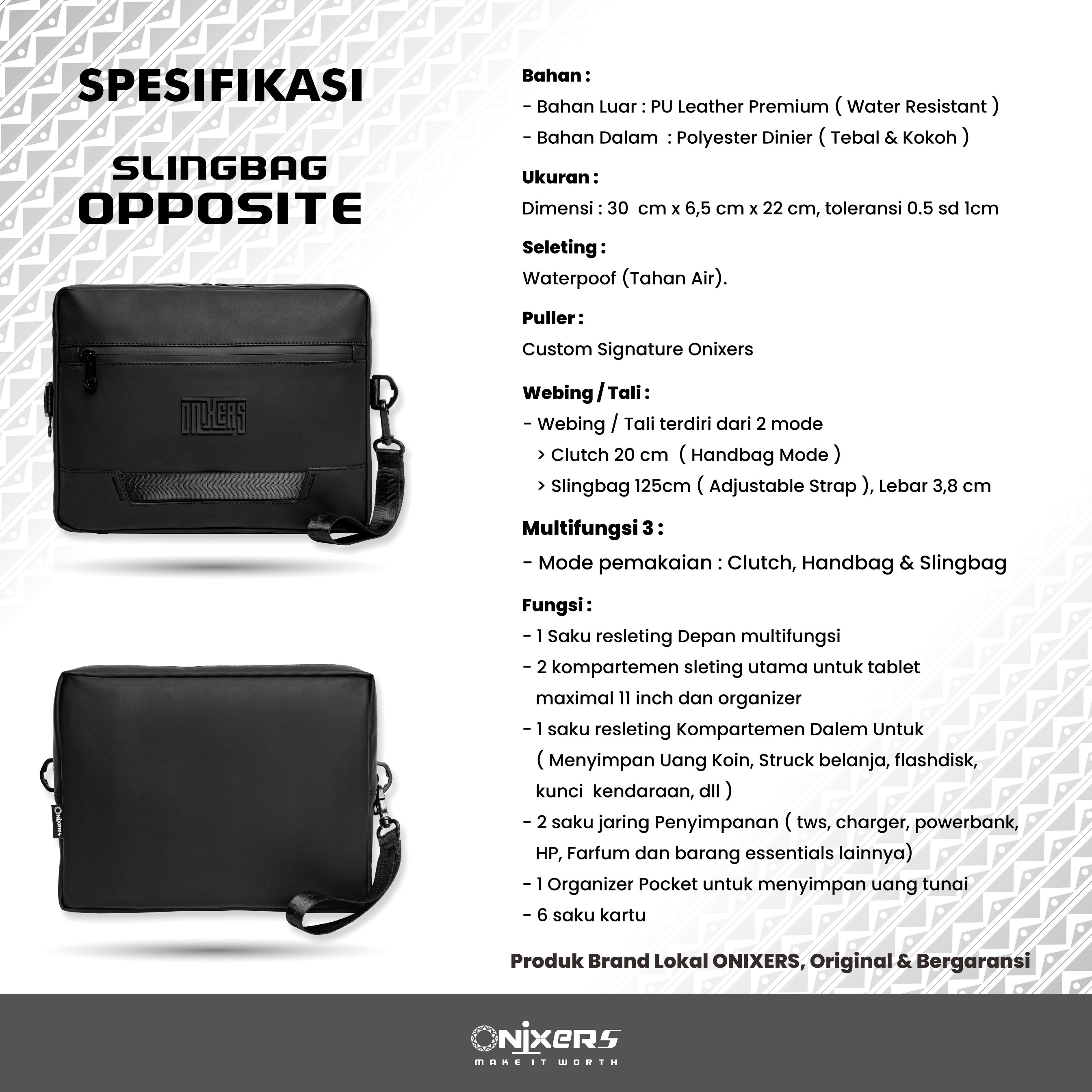 ONIXERS I Slingbag OPPOSITE Tas Selempang Pria I Handbag I Slingbag Tahan Air I Tas Ipad 11 inch I Tas kerja
