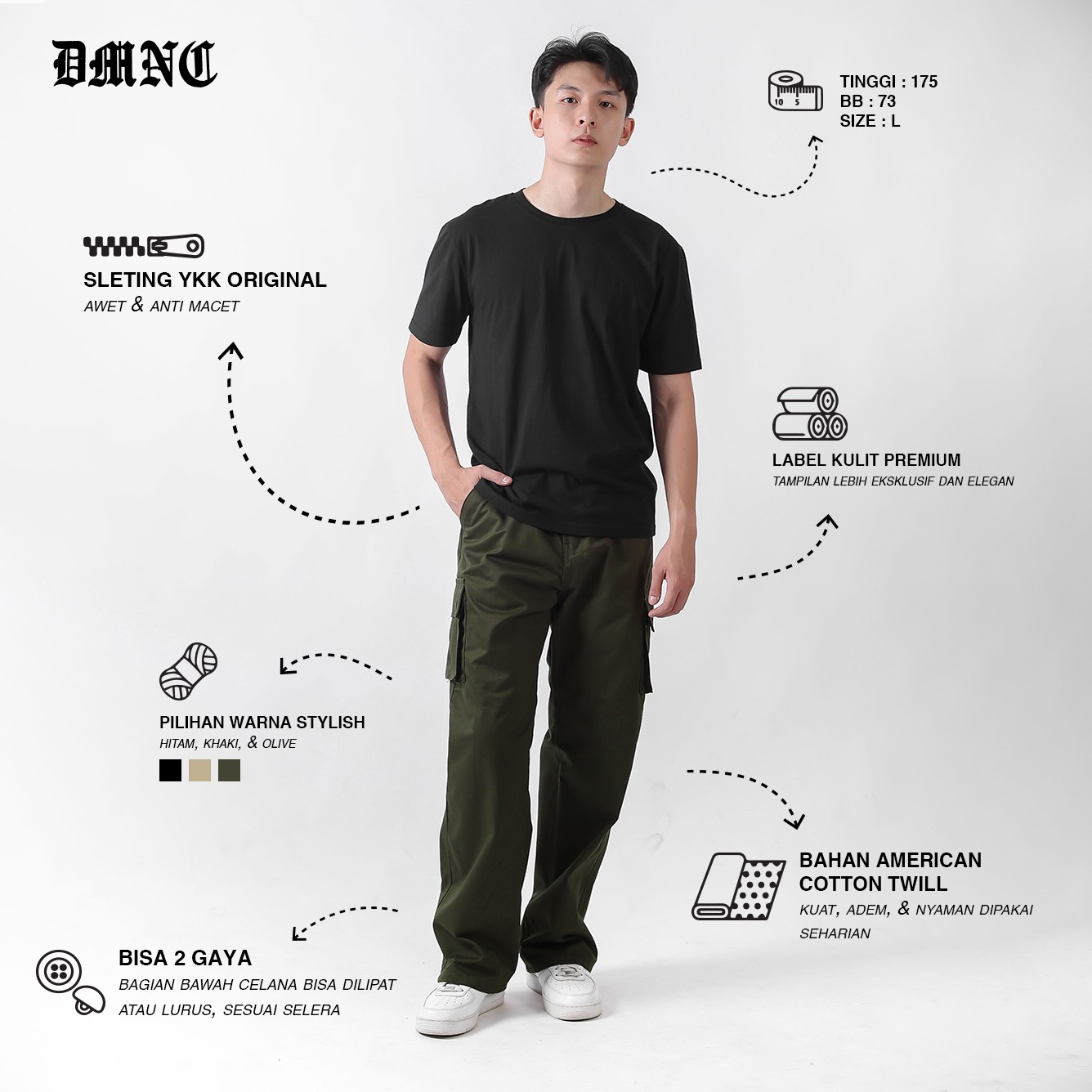 DMNC Celana Cargo Pria American Twill Premium - Tailored Fit - Nomad