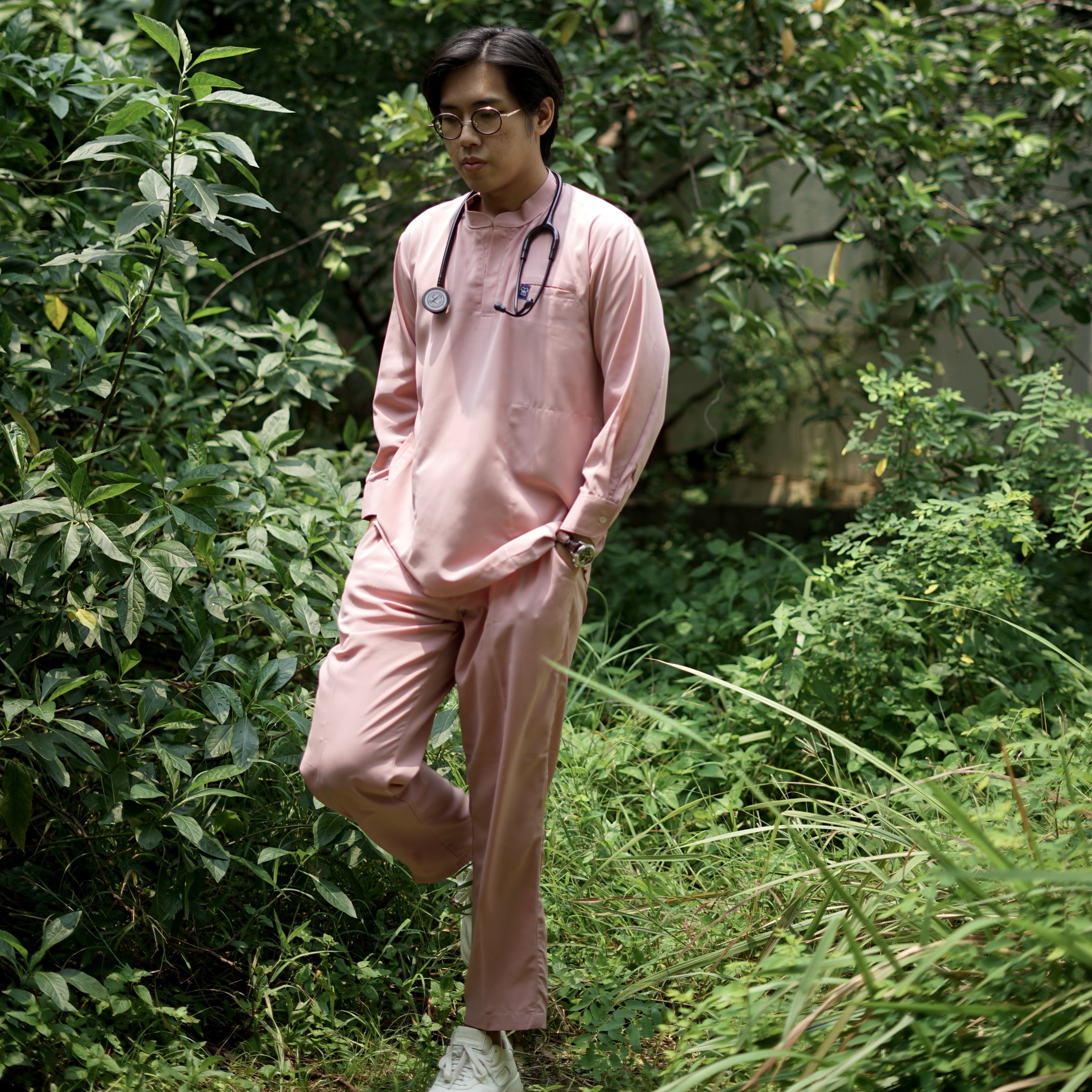 First Line - Mandarin Long Sleeve Set (Regular Pants) - Pink
