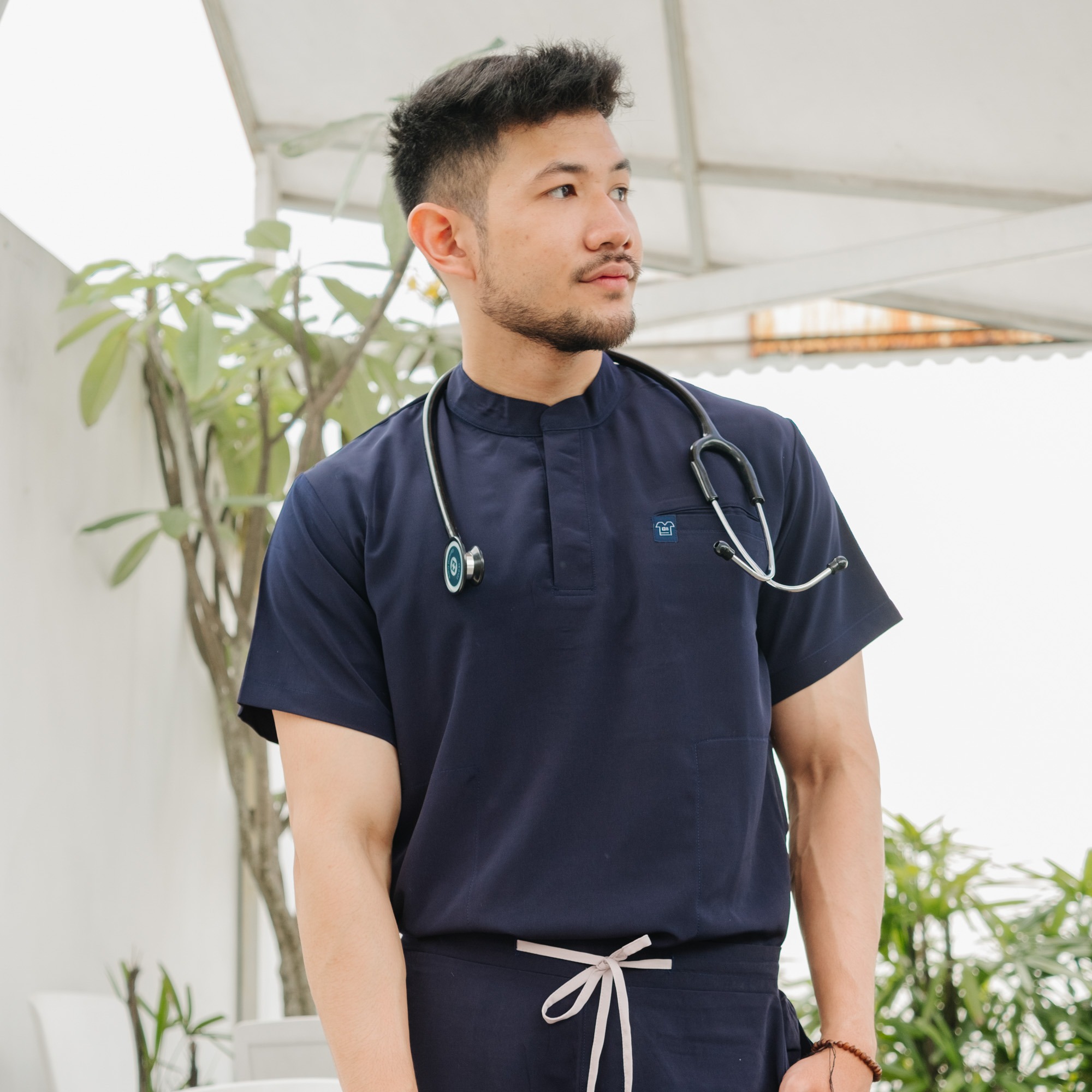 First Line  - Mandarin Short Sleeve Set (Regular Pants) - Dark Blue