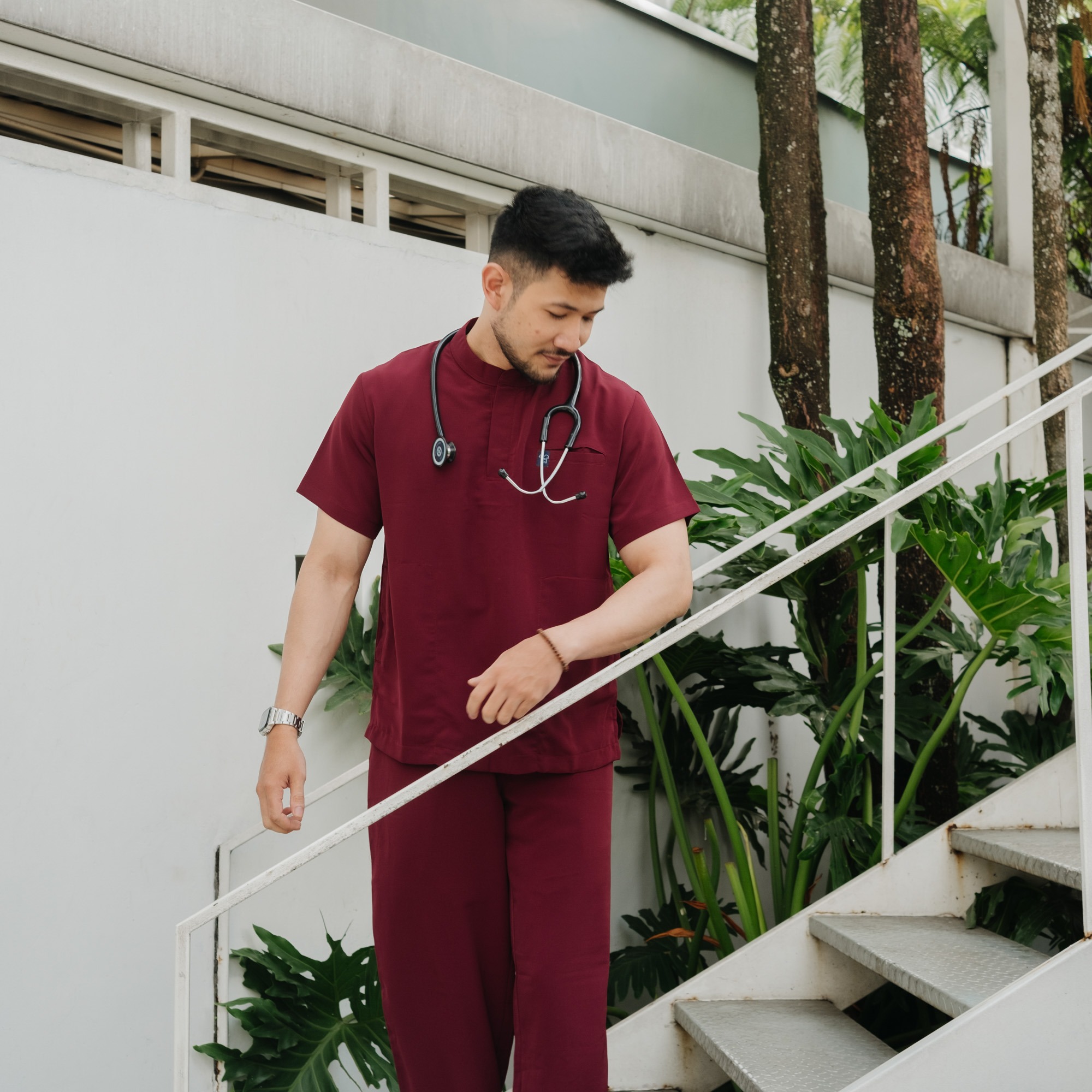 First Line - Mandarin Short Sleeve Set (Regular Pants) - Maroon