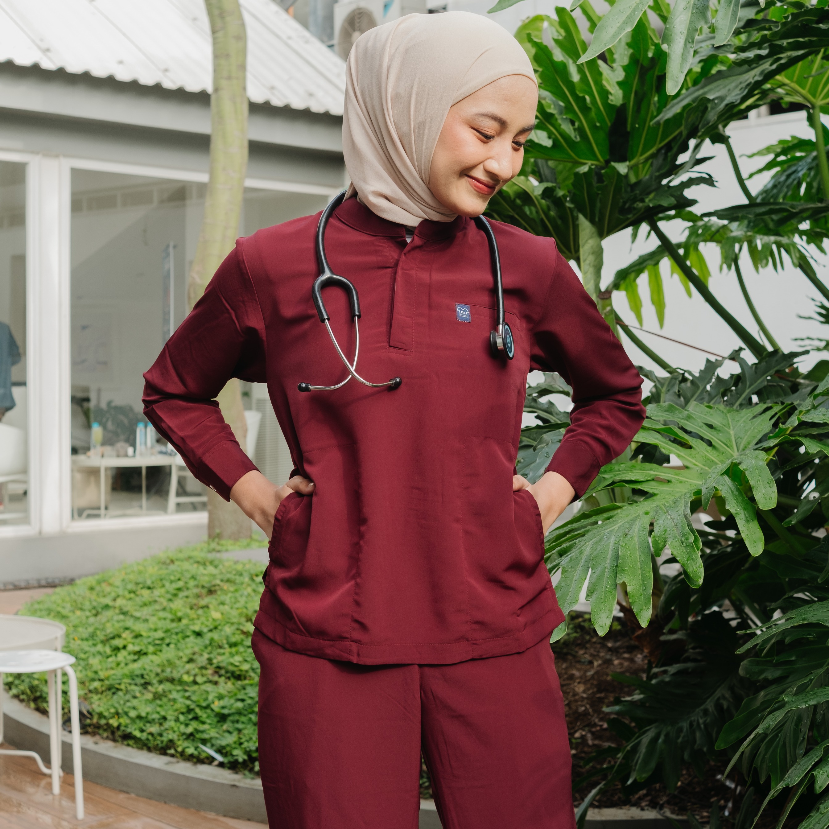 First Line - Mandarin Long Sleeve Set (Regular Pants) - Maroon