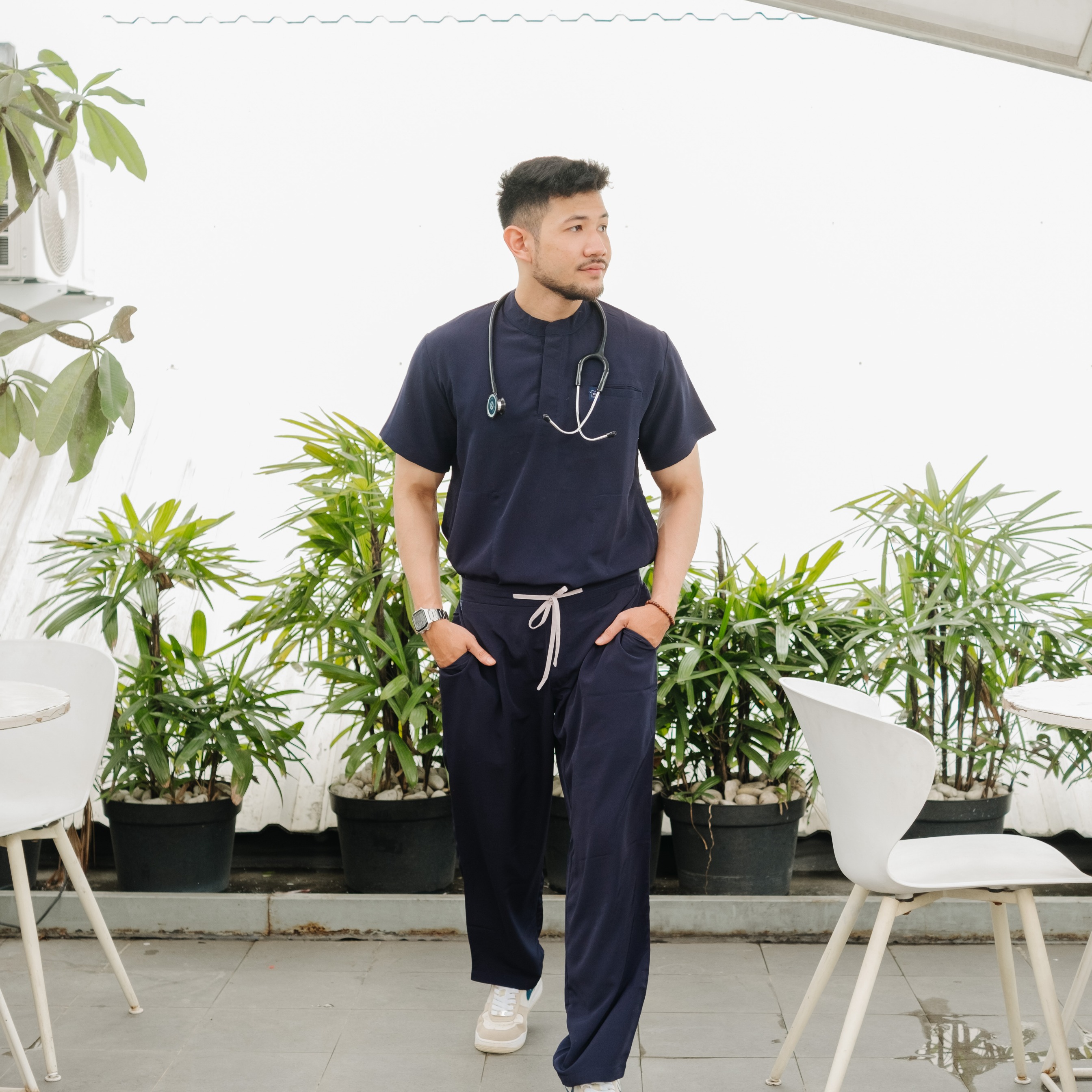 First Line  - Mandarin Short Sleeve Set (Regular Pants) - Dark Blue