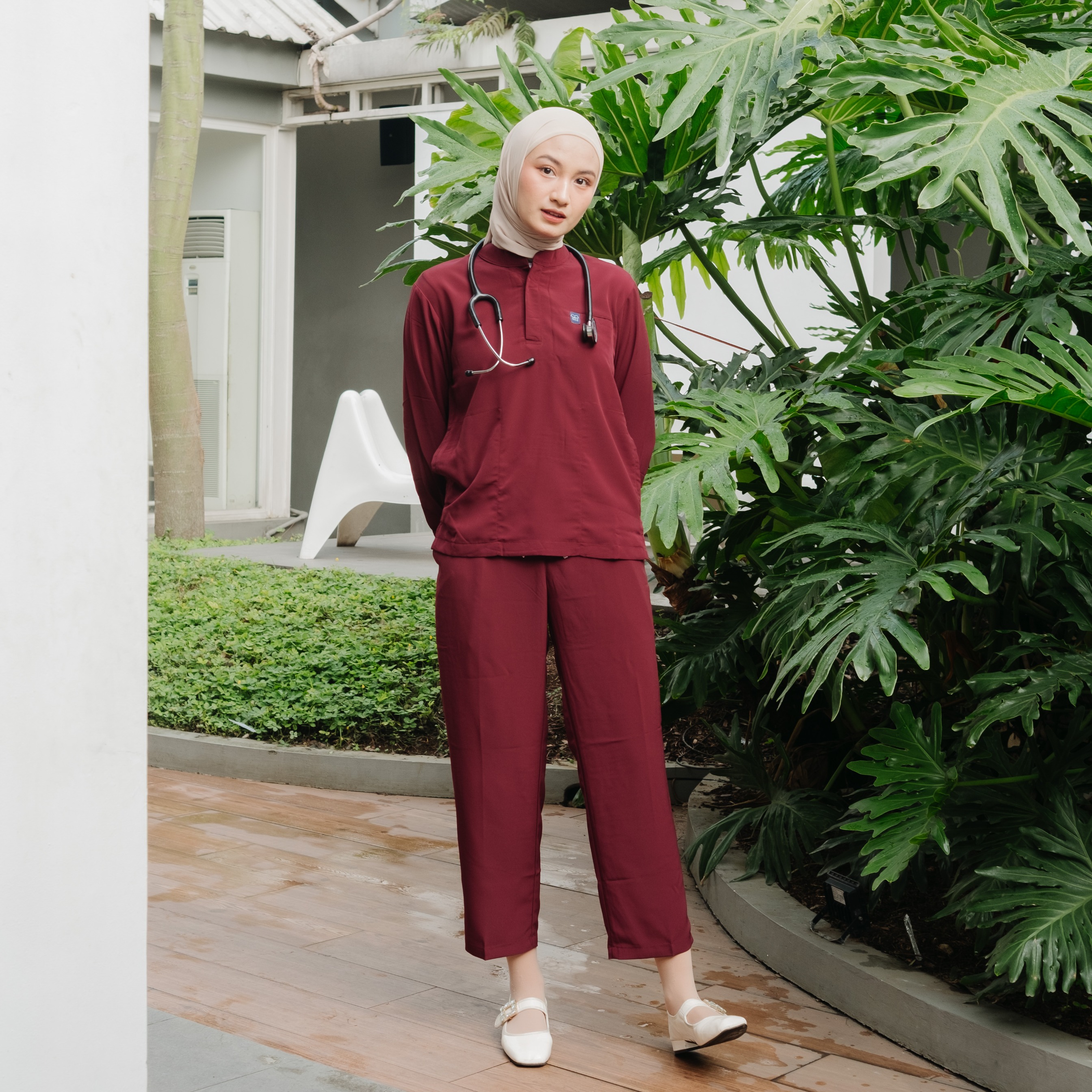 First Line - Mandarin Long Sleeve Set (Regular Pants) - Maroon