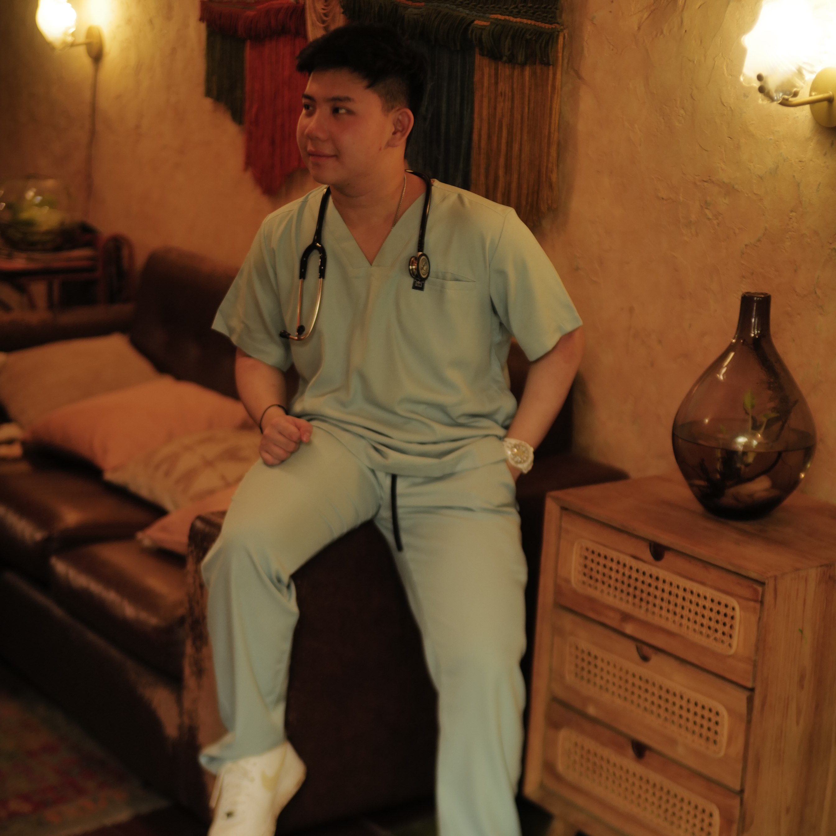 Empirical - V neck Short Sleeve Set (Slim Fit Pants) - Light Blue