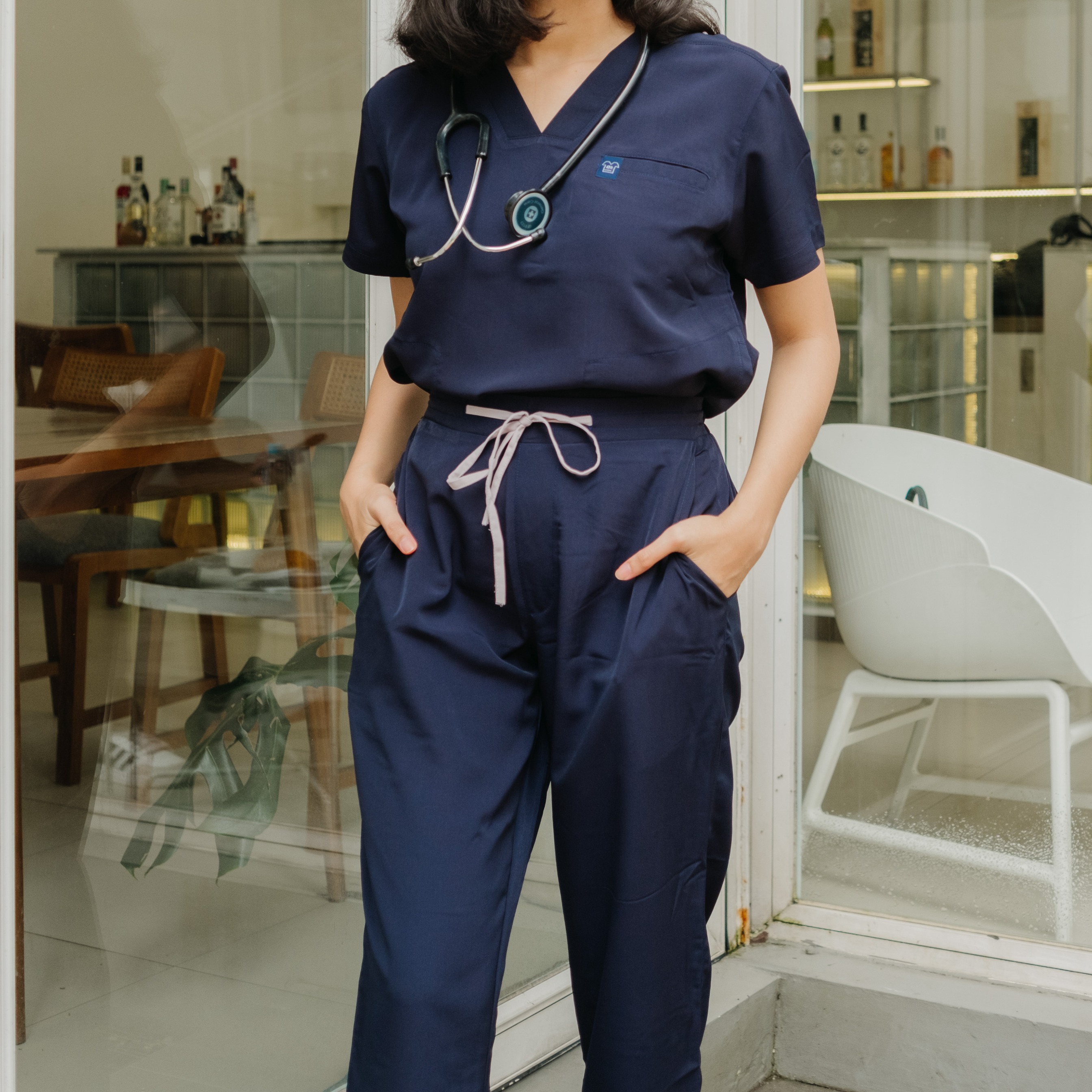 First Line - V neck Short Sleeve Set (Regular Pants) - Dark Blue