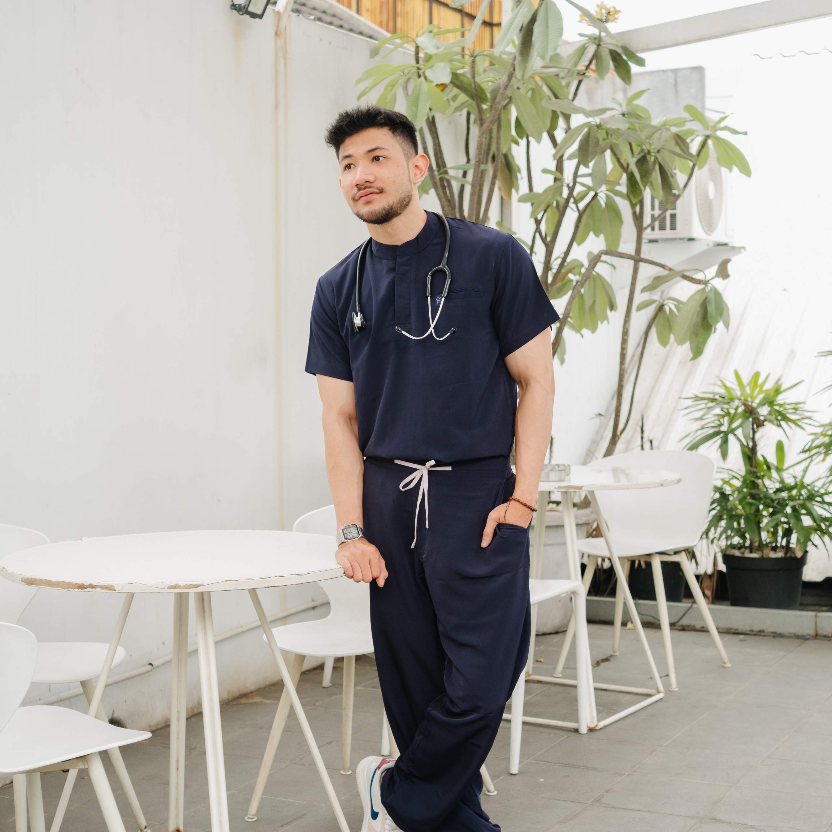 First Line  - Mandarin Short Sleeve Set (Regular Pants) - Dark Blue