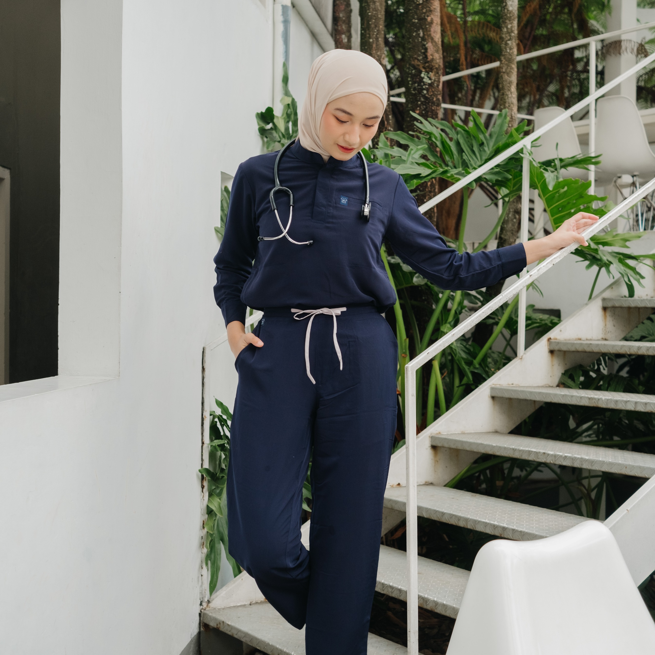First Line - Mandarin Long Sleeve Set (Regular Pants) - Dark Blue