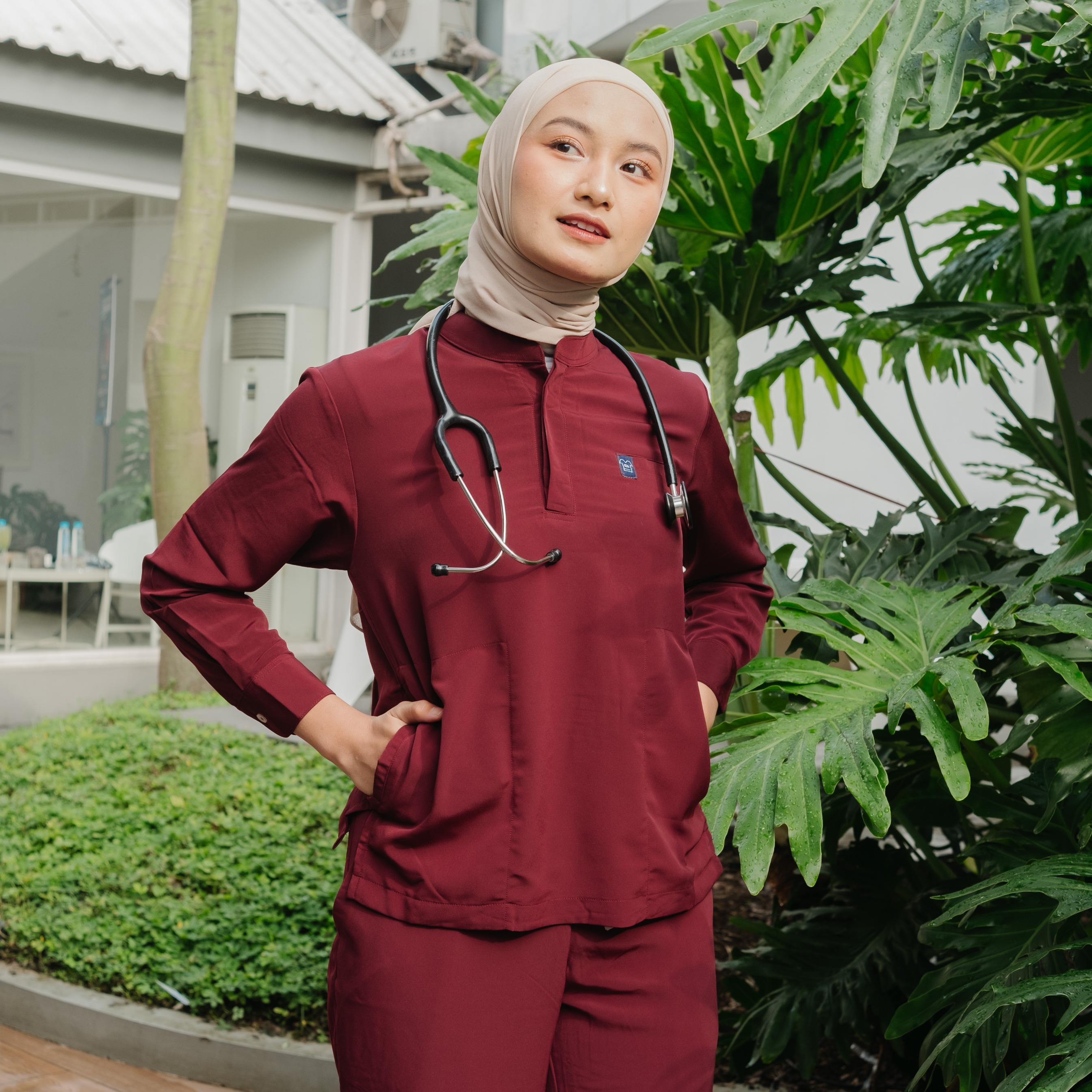First Line - Mandarin Long Sleeve Set (Regular Pants) - Maroon