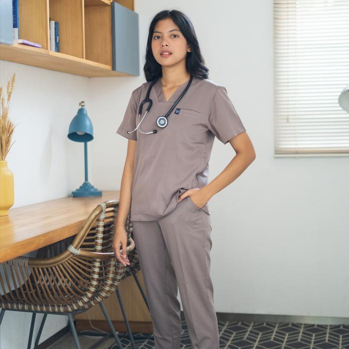 Cardinal - V neck Short Sleeve Set (Slim Fit Pants) - Ash Brown